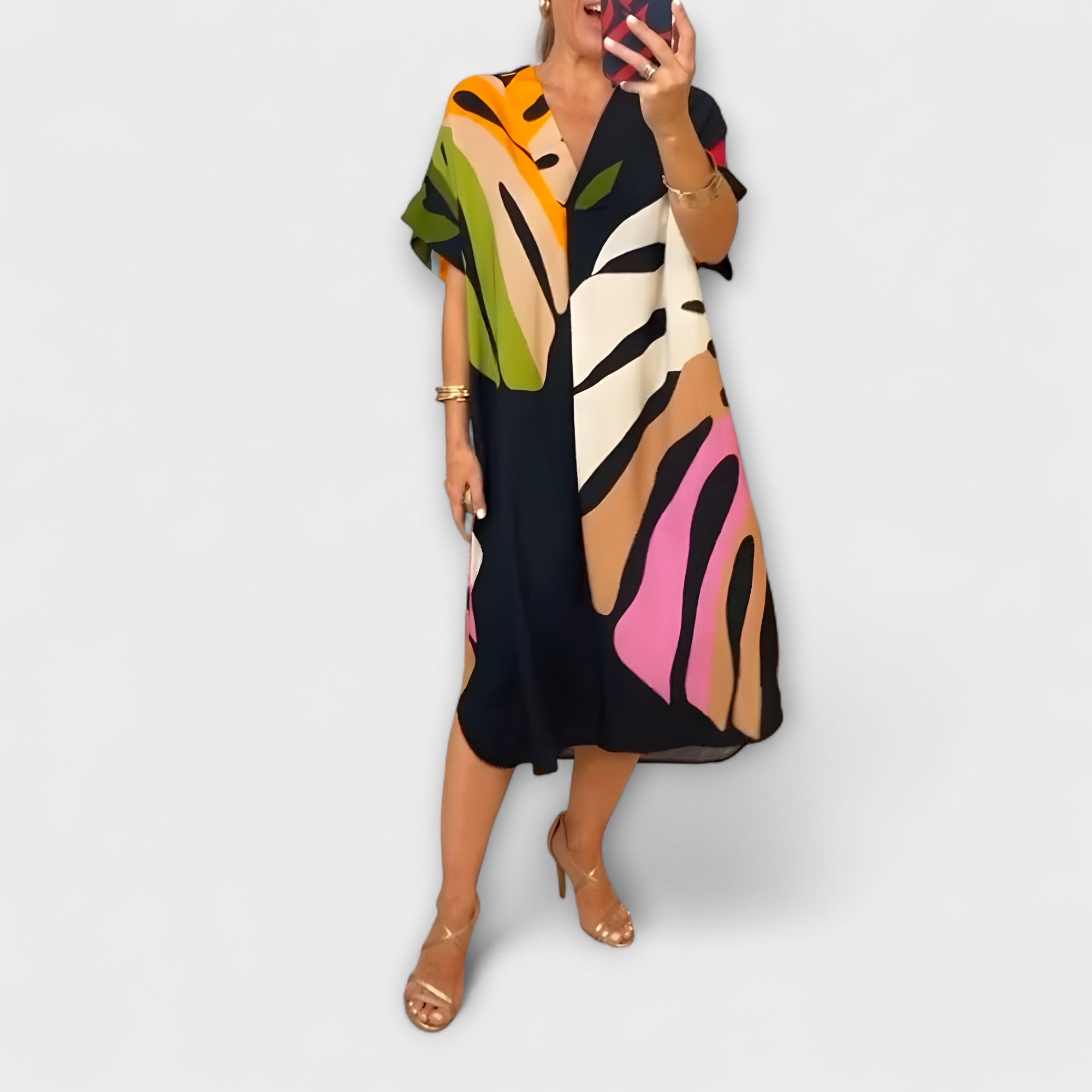 Lässiges Kleid mit mehrfarbigem Blätterdruck, V-Ausschnitt, kurze Ärmel
