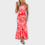 Maxikleid mit seitlicher Raffung, ärmellos, bodenlanges Trägerkleid mit rosa Muster