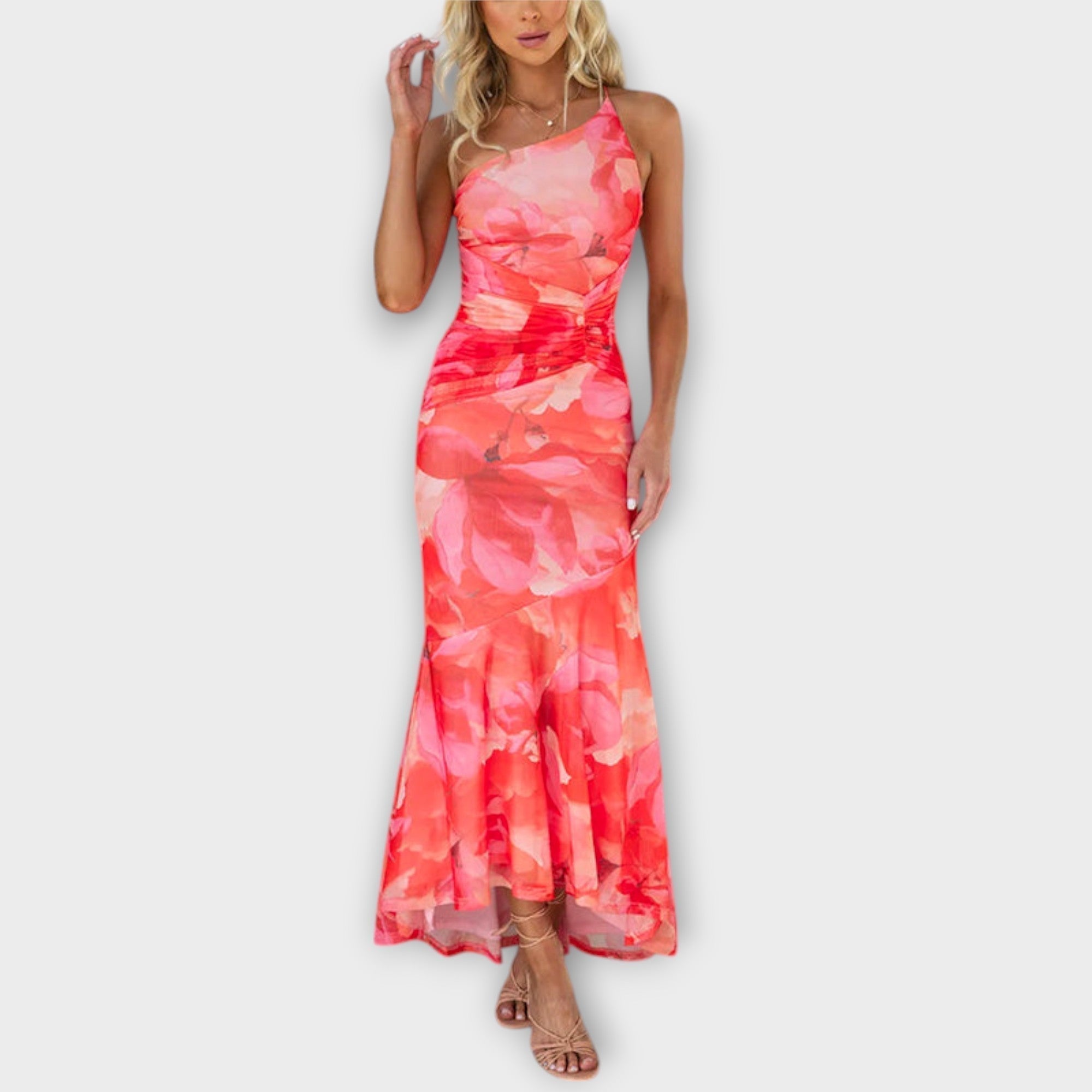 Maxikleid mit seitlicher Raffung, ärmellos, bodenlanges Trägerkleid mit rosa Muster