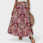 Schwingender Rock mit Paisley-Muster in Rot/Weiß, elastischer Bund, knielang bis midi