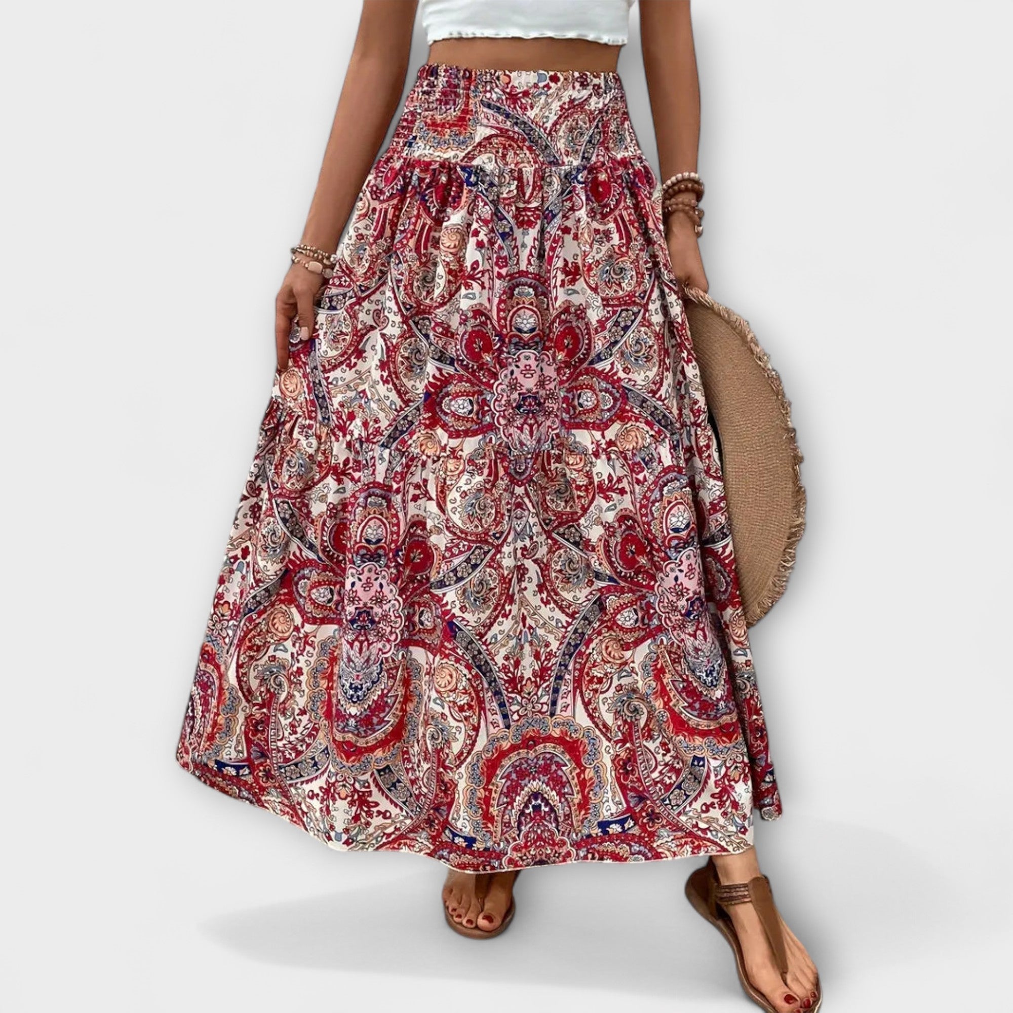 Schwingender Rock mit Paisley-Muster in Rot/Weiß, elastischer Bund, knielang bis midi