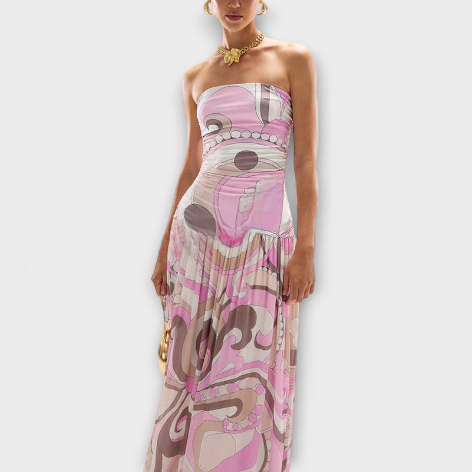 Pastellfarbenes schulterfreies Maxikleid mit abstraktem Muster, taillierter Taille und weitem Saum