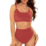 Roter Bauchweg-Bikini mit Träger-BH und High-Waist-Slip, Zackenbordüre