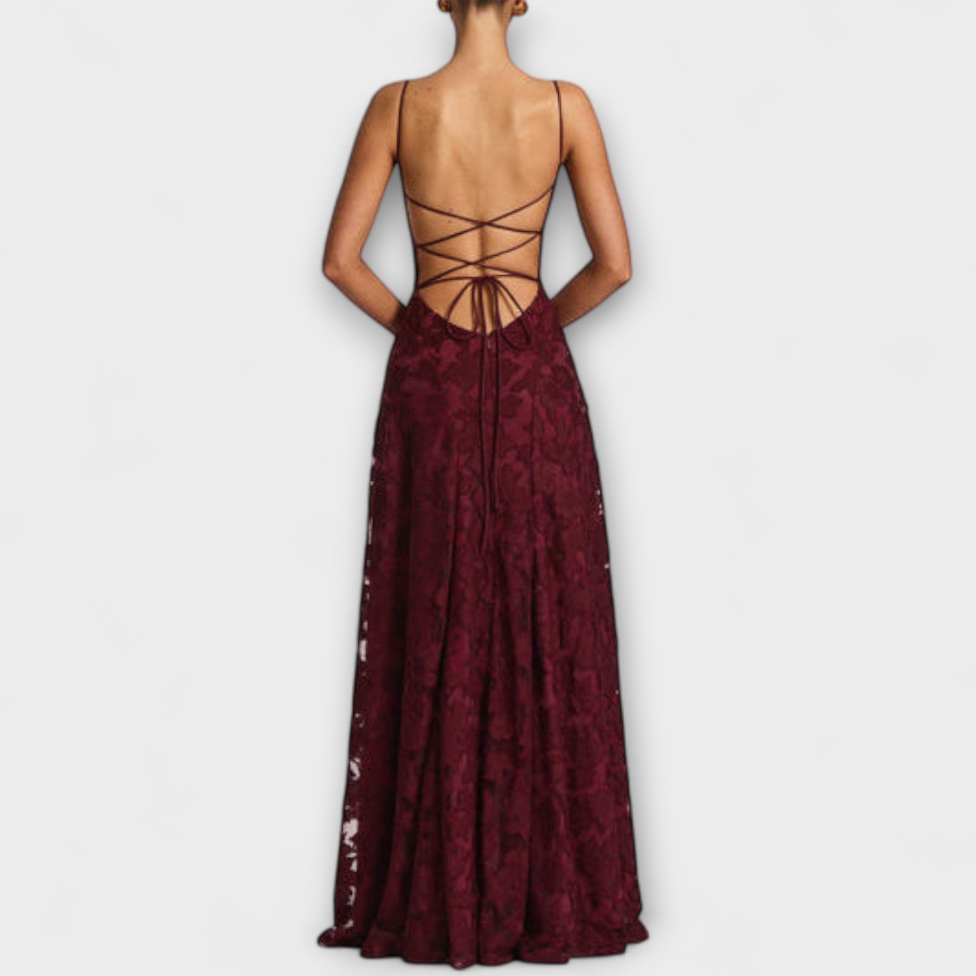 Burgunderfarbenes Spitzen-Maxikleid mit Schnürung am Rücken und Spaghettiträgern