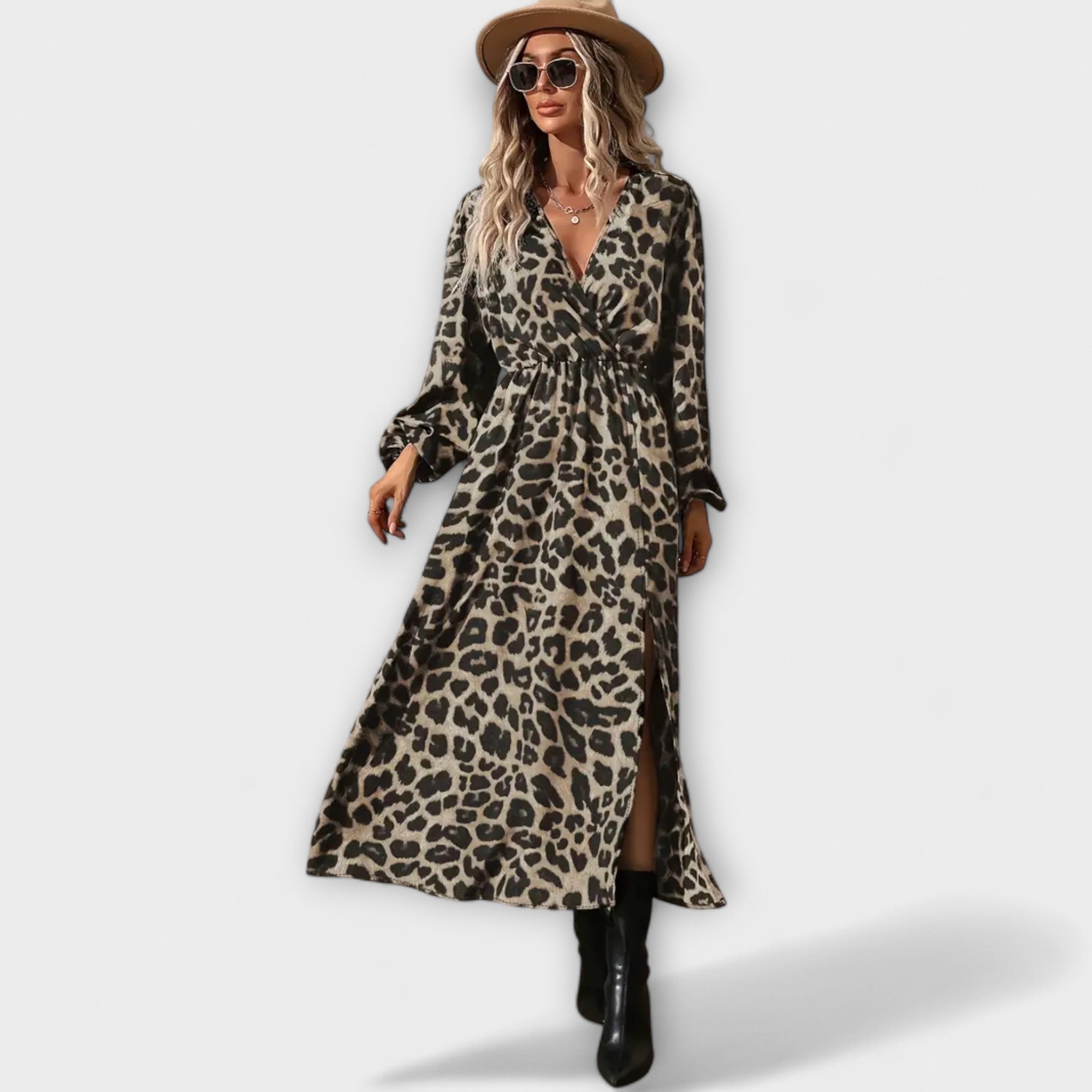 Maxikleid mit Leopardenmuster, geraffter Taille, V-Ausschnitt und langen Ärmeln