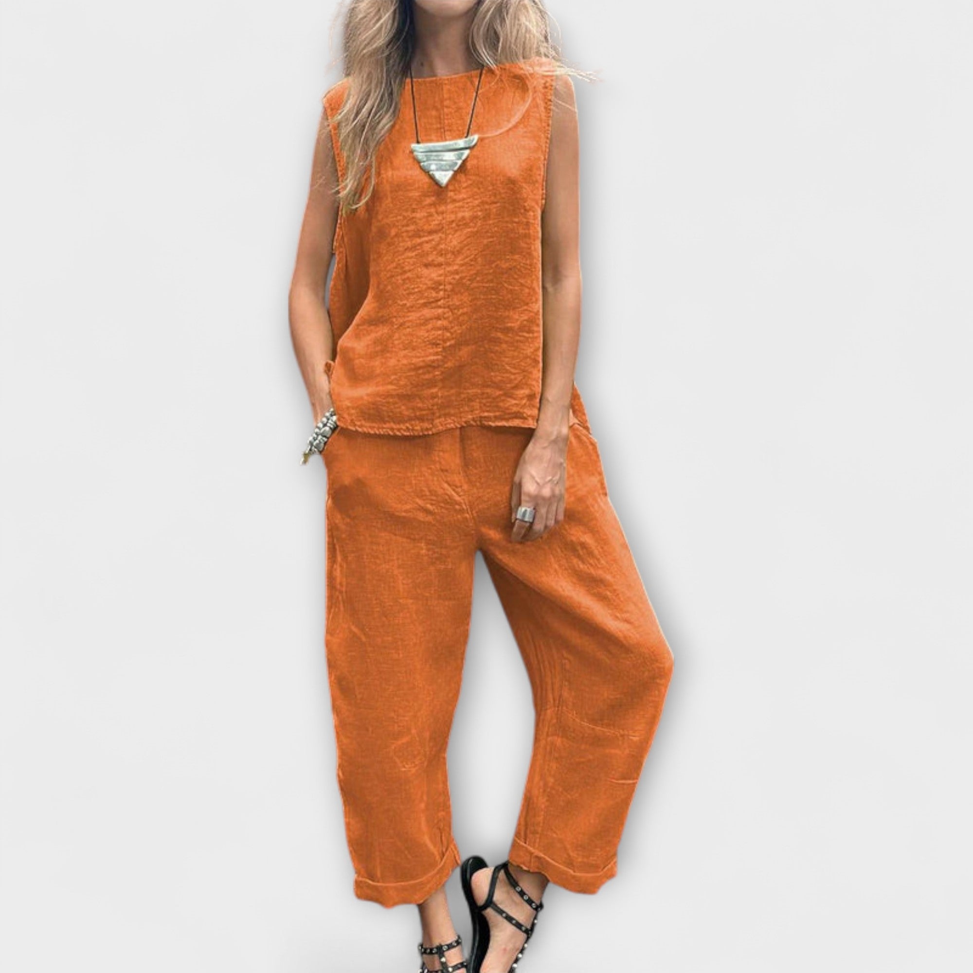 Leinen-Baumwoll-Set mit ärmellosem Top und weiter Hose, orange