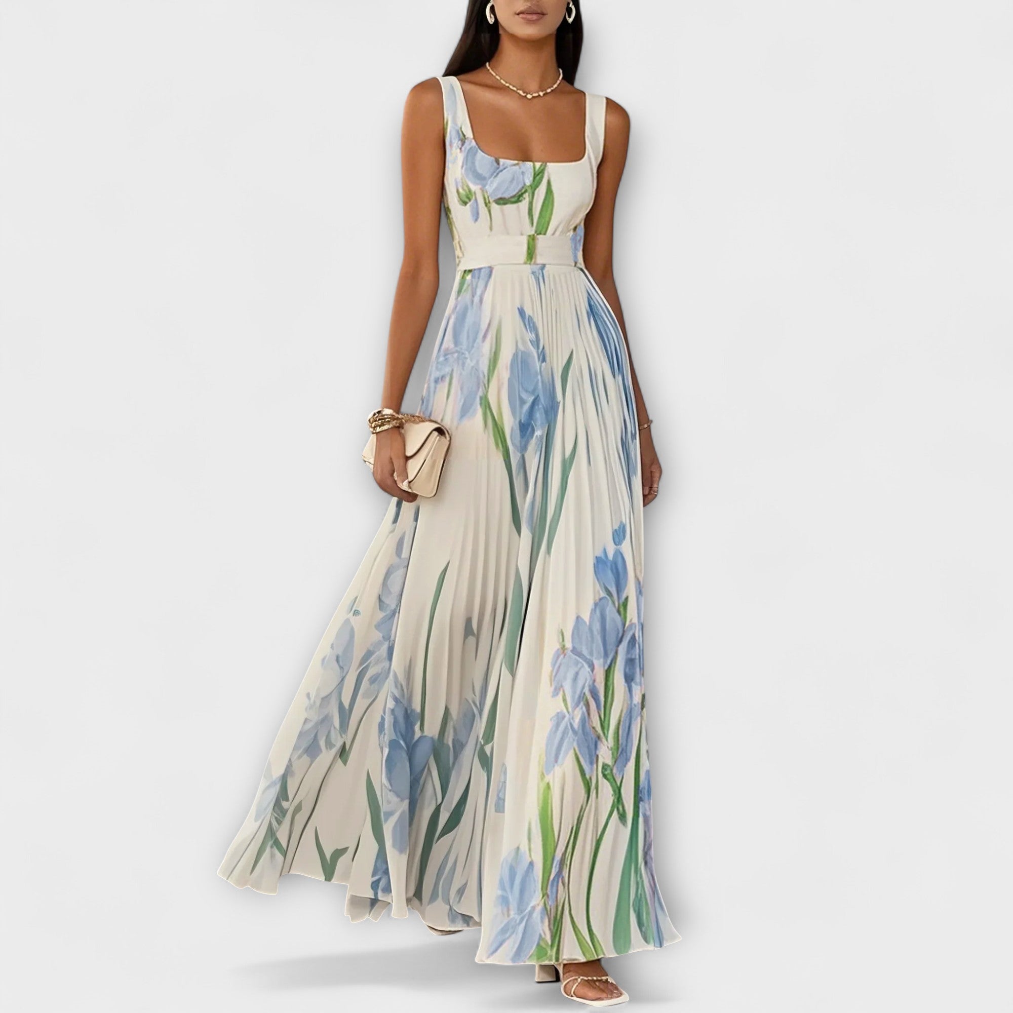 Chiffon-Maxikleid mit Blumenmuster, hellblau mit grünen Stielen und blauen Blüten