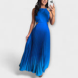 Ärmelloses Maxikleid mit Faltenrock, einfarbig blau mit feinen Plisseefalten