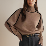 Rollkragenpullover Espresso-Braun mit Rollkragen, geripptem Saum und schwarzen Kontrastkanten