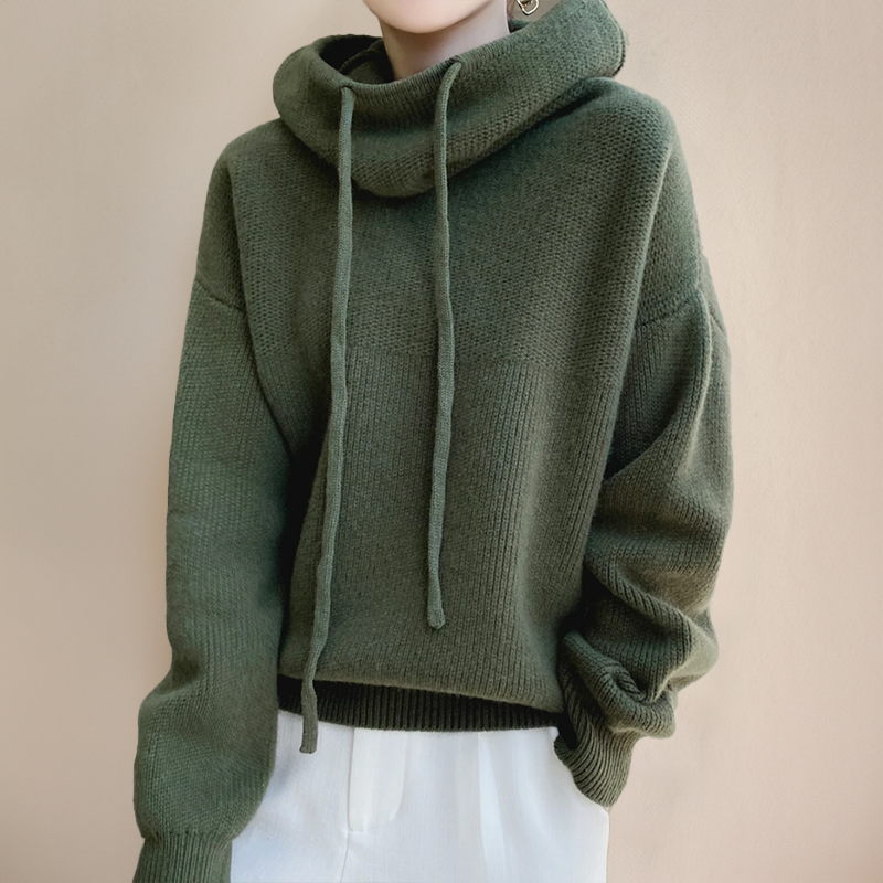 Grüner Kapuzenpullover aus Strick mit Kordelzug und gerippten Bündchen