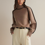 Rollkragenpullover Espresso-Braun mit geripptem Rollkragen und schwarzen Kontrastkanten