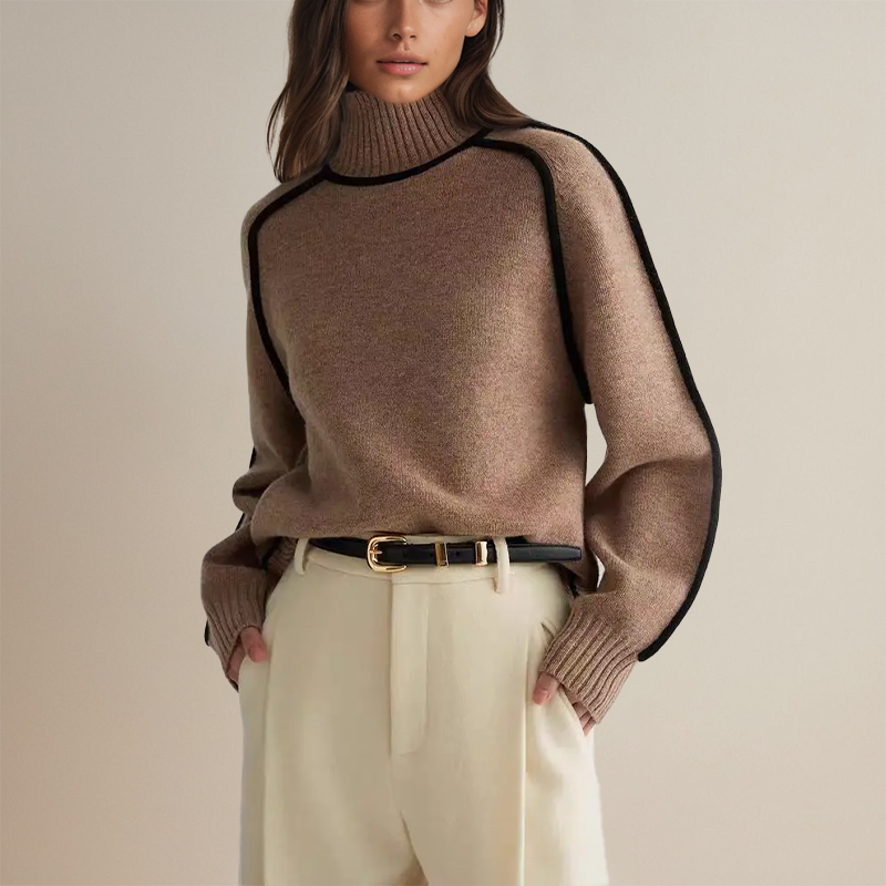 Rollkragenpullover Espresso-Braun mit geripptem Rollkragen und schwarzen Kontrastkanten