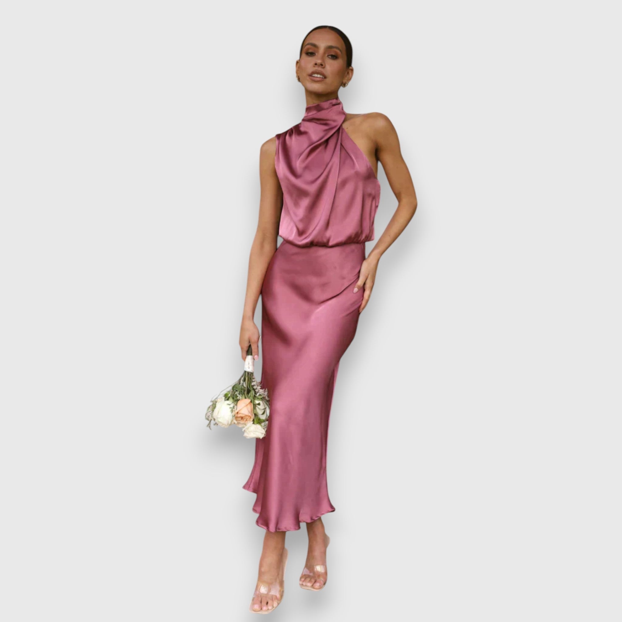 Rosa Satin-Kleid mit drapiertem Halstuchkragen, ärmellos und Midi-Saum