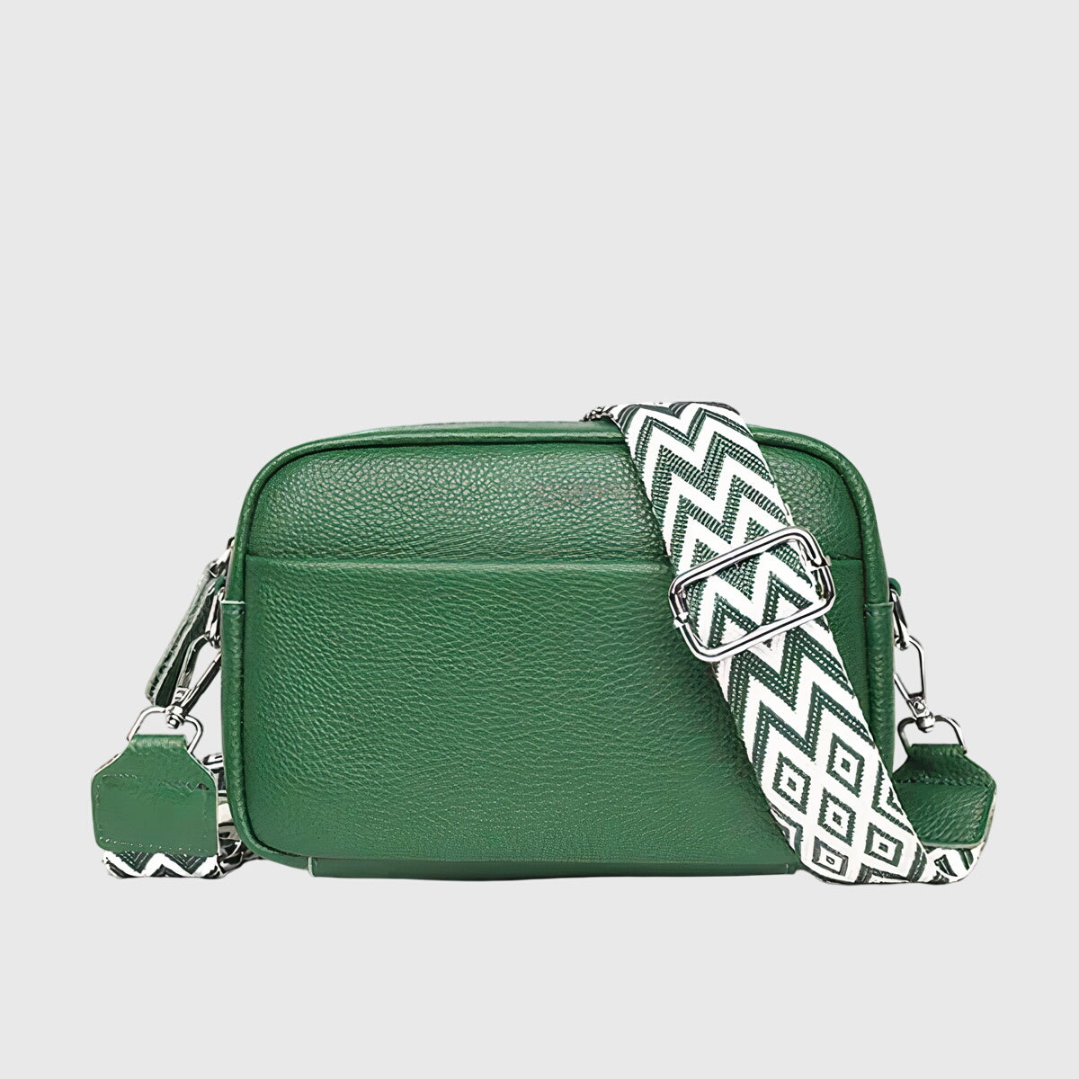 Grüne Leder-Schultertasche mit Reißverschluss und Zickzack-Schultergurt