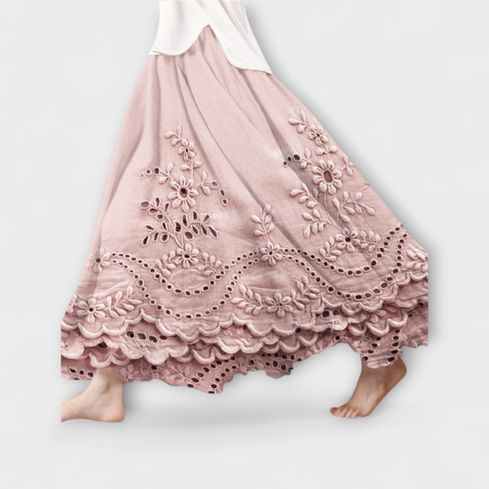 Boho-Maxirock in Rosé mit floraler Stickerei und Häkelbordüre