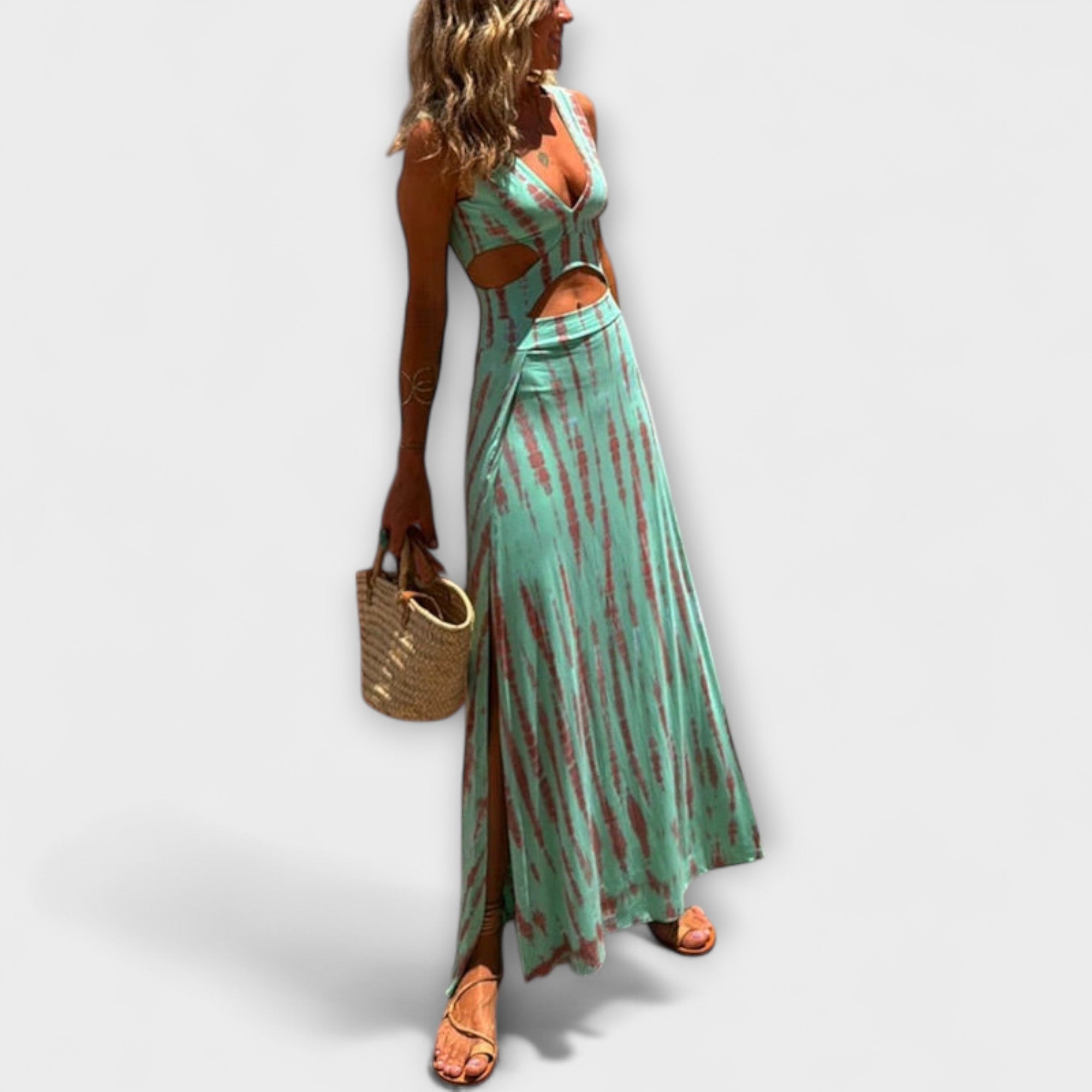 Grünblaues Tie-Dye-Stretchkleid mit Cutouts und bodenlangem Schlitz, ärmellos