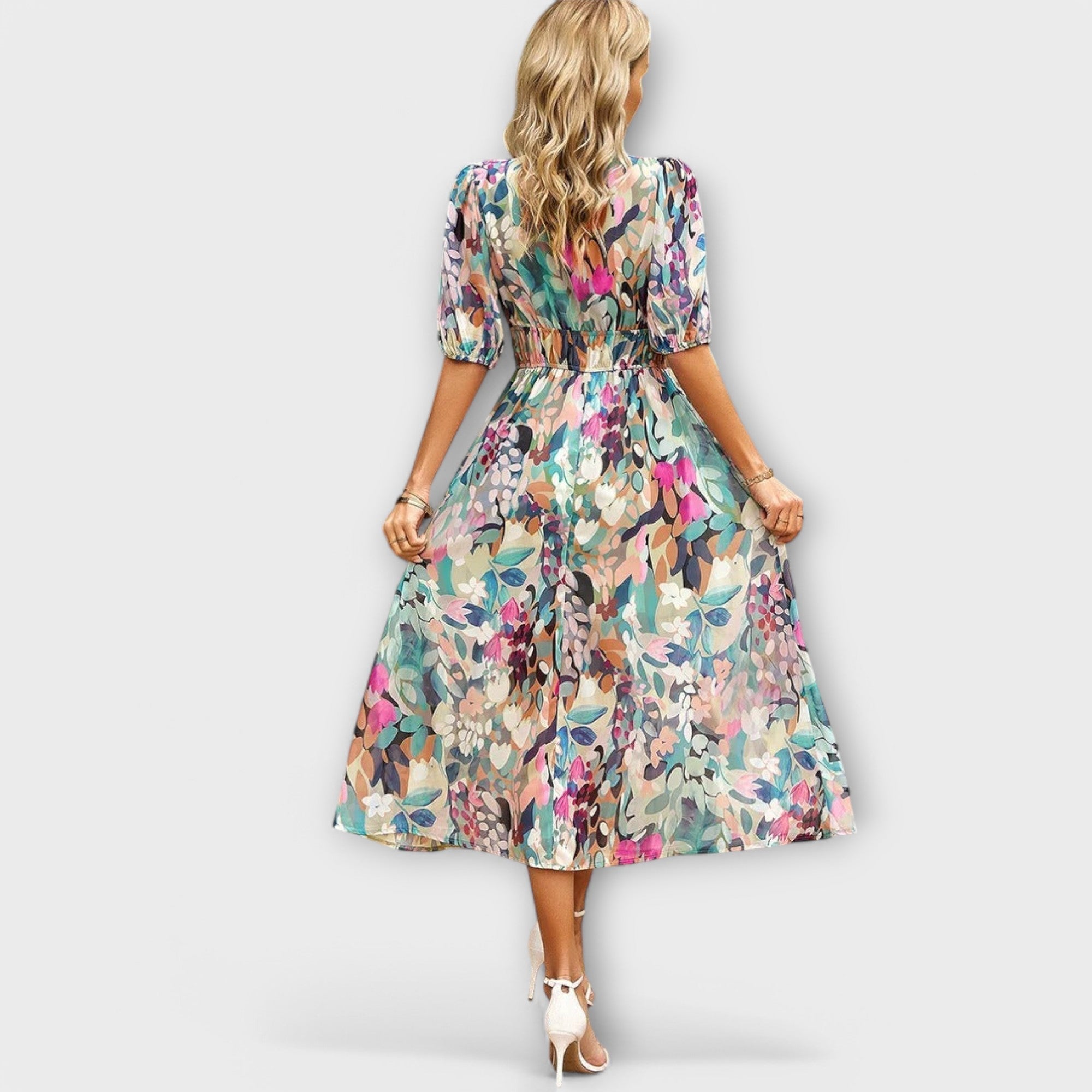 Midikleid mit V-Ausschnitt, Puffärmeln und Taillenbindung, buntes Blumenmuster (Rückansicht)