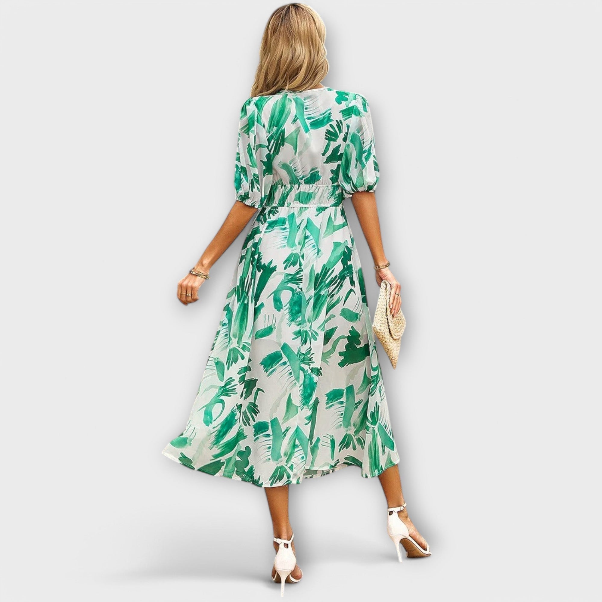 Midikleid mit grünem Blattmuster, Taillenbindung und kurzen Ärmeln, knielang