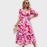 Midikleid mit V-Ausschnitt, Puffärmeln und Taillenbindung, pinkes Blütenmuster