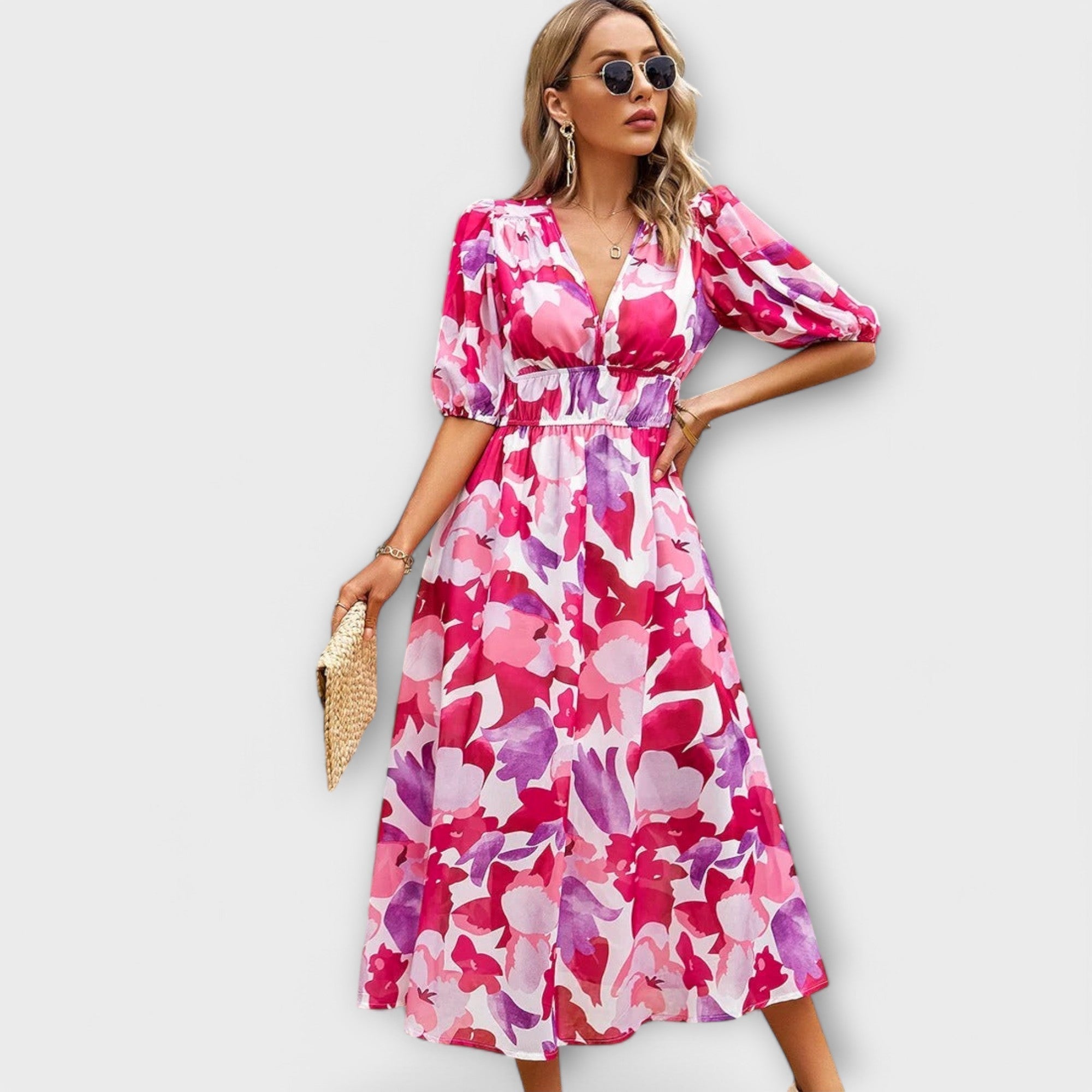 Midikleid mit V-Ausschnitt, Puffärmeln und Taillenbindung, pinkes Blütenmuster