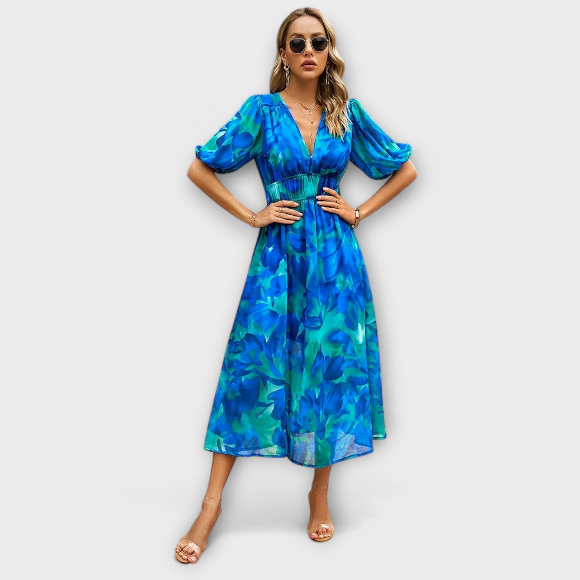 Midikleid mit V-Ausschnitt, Puffärmeln und Taillenbindung, blaues Blumenmuster