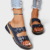 Dunkelblaue Damen-Sommersandalen mit zwei Riemen und Schnallen, gepolsterte Sohle