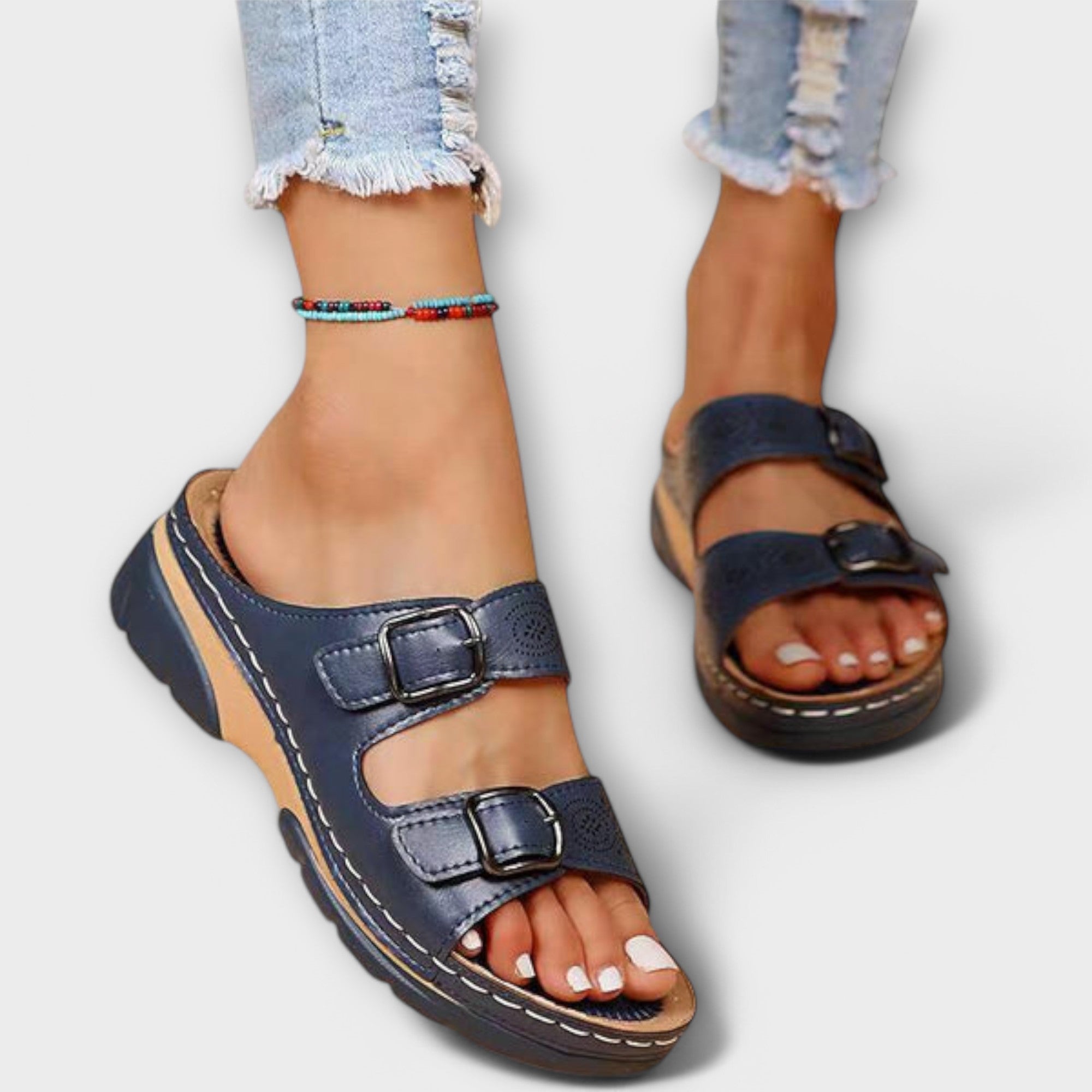 Dunkelblaue Damen-Sommersandalen mit zwei Riemen und Schnallen, gepolsterte Sohle