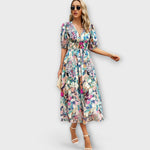 Midikleid mit V-Ausschnitt, Puffärmeln und Taillenbindung, buntes Blumen-Mehrfarb-Muster