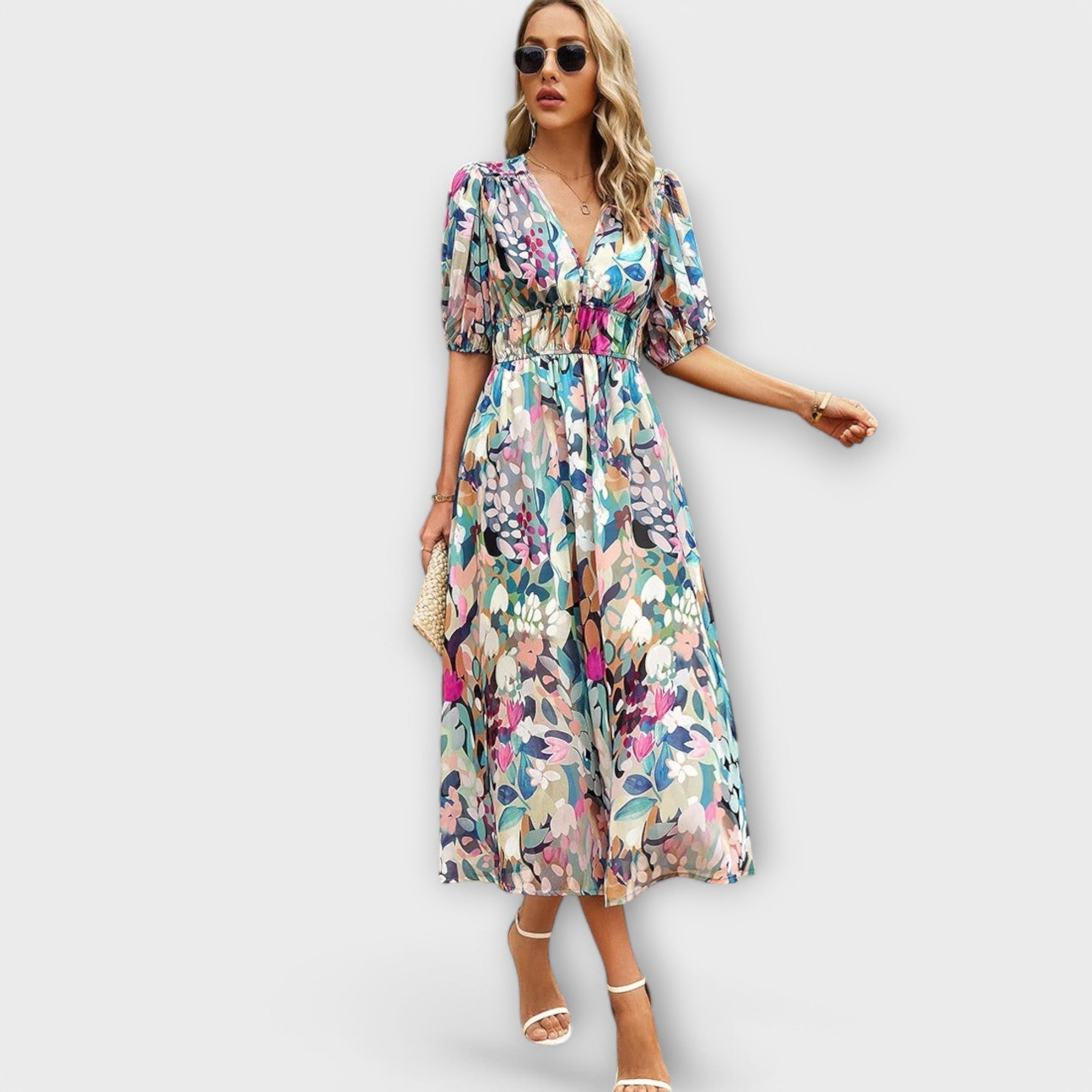 Midikleid mit V-Ausschnitt, Puffärmeln und Taillenbindung, buntes Blumen-Mehrfarb-Muster