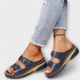 Dunkelblaue Damen-Sommersandalen mit zwei Schnallen und Ziernähten an den Riemen