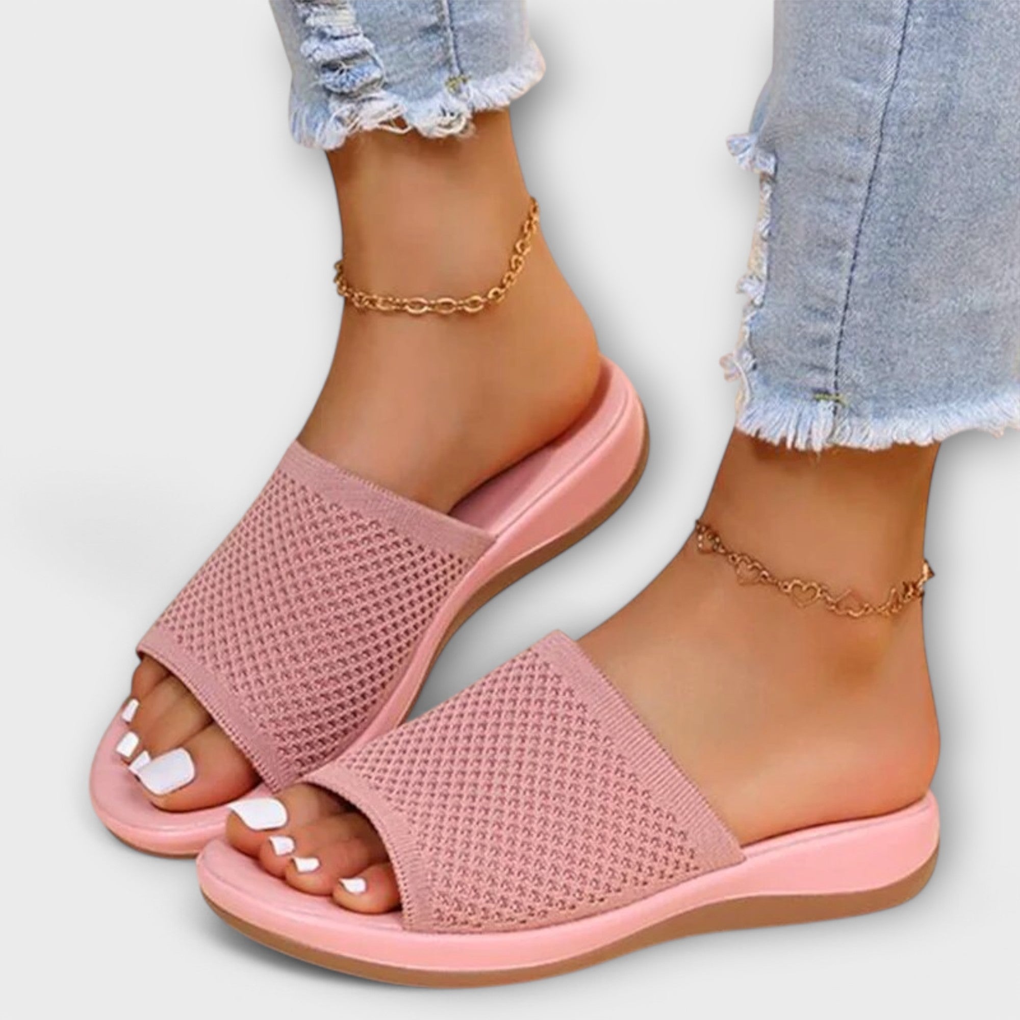 Bequeme Slipper mit offener Zehenpartie, rosa Strickoberseite mit breiter Vorderkante
