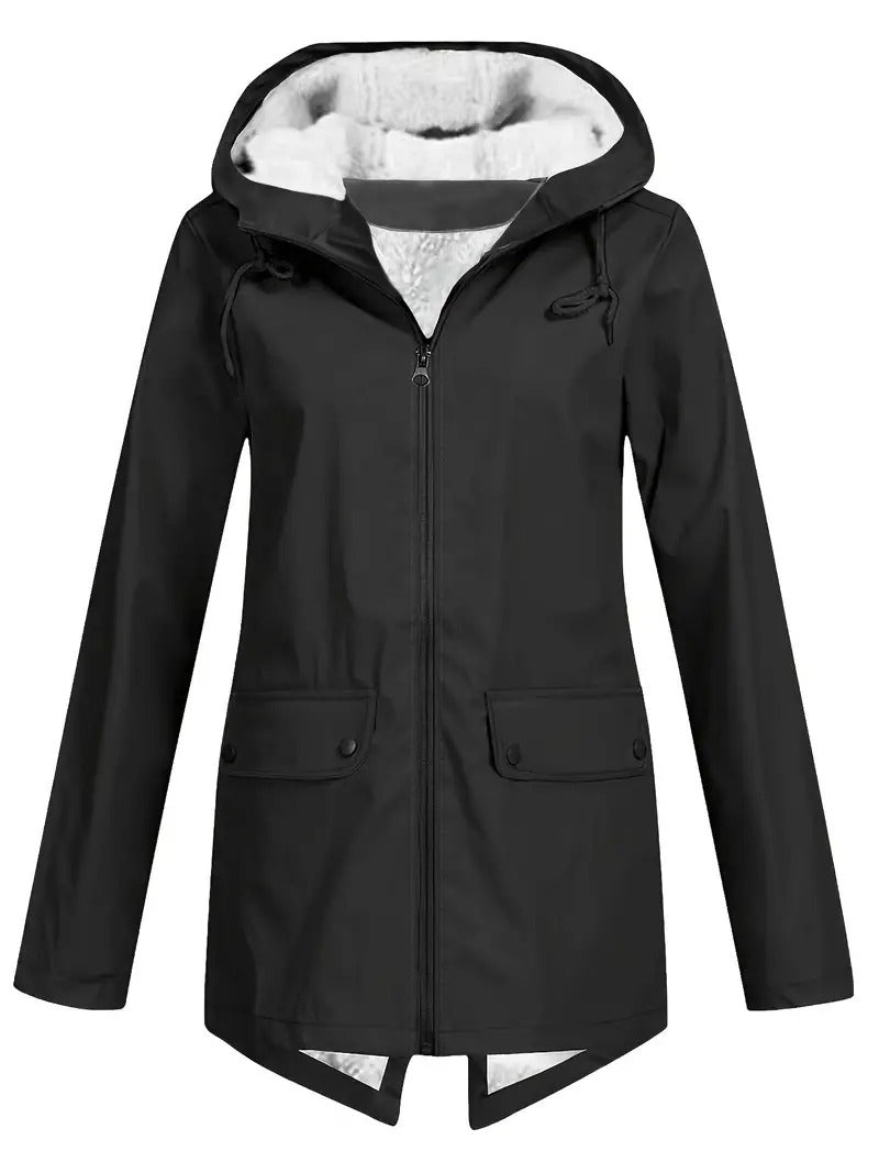 Damen-Kapuzenpullover mit Reißverschluss, schwarzer Außenjacke und Sherpa-Futter