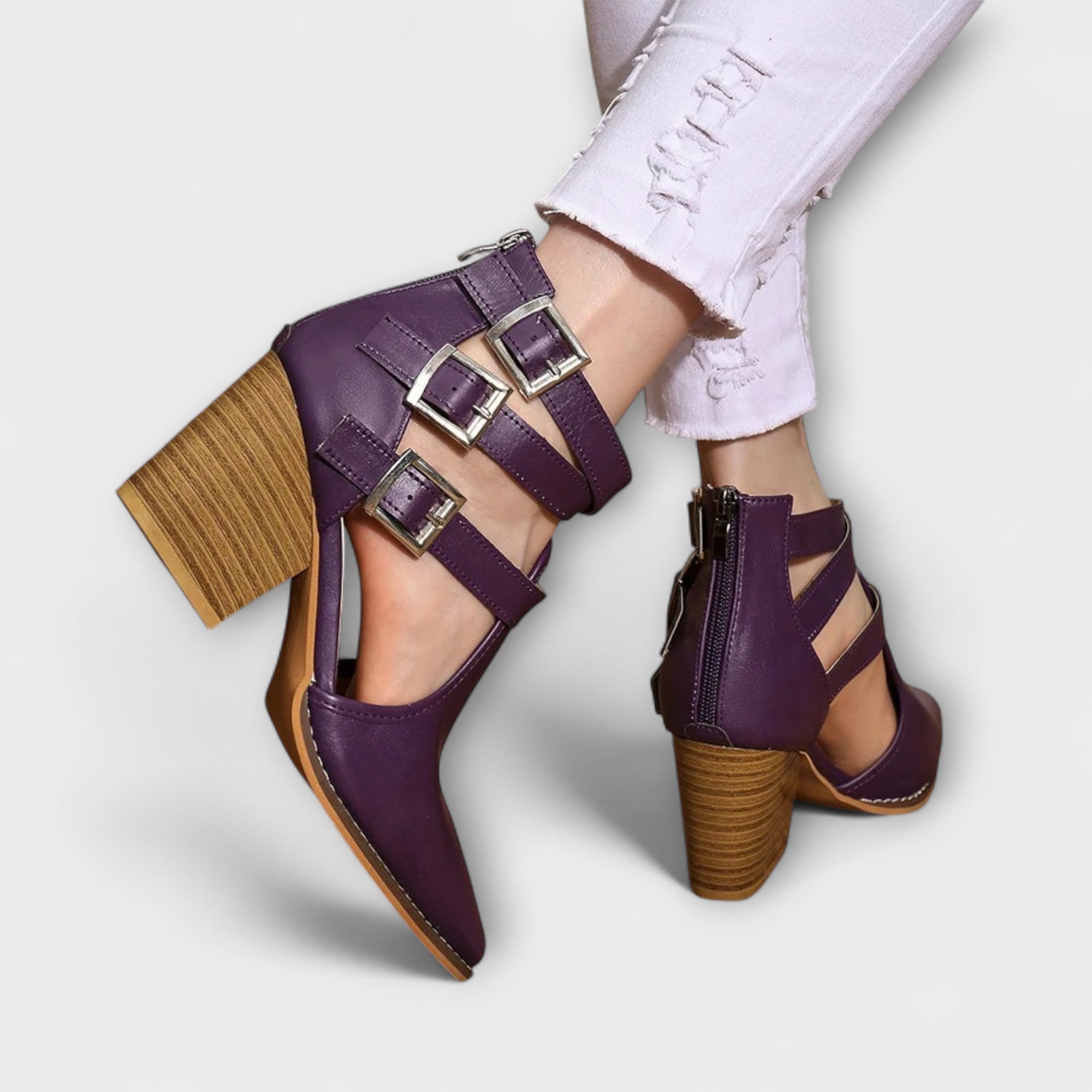 Lila Chunky-Heels mit Kreuzgurt und Schnallen, hoher Blockabsatz