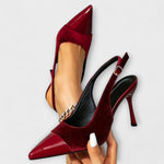 Slingback-Stiletto-Heels mit spitzem Zeh, Samt-Patchwork und Riemen, rot-schwarz