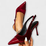 Slingback-Stiletto-Heels mit spitzem Zeh, Samt-Patchwork und Riemen, rot-schwarz
