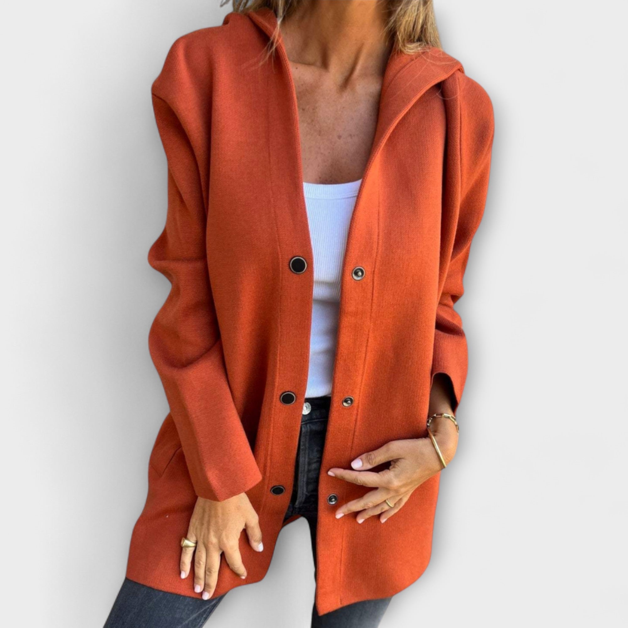 Orangefarbene Jacke mit Knopfleiste und offener Vorderseite, Langarm
