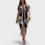 Midikleid mit Dolmanärmeln, V-Ausschnitt und schwarz-weißem Blumenprint mit Beinschlitz