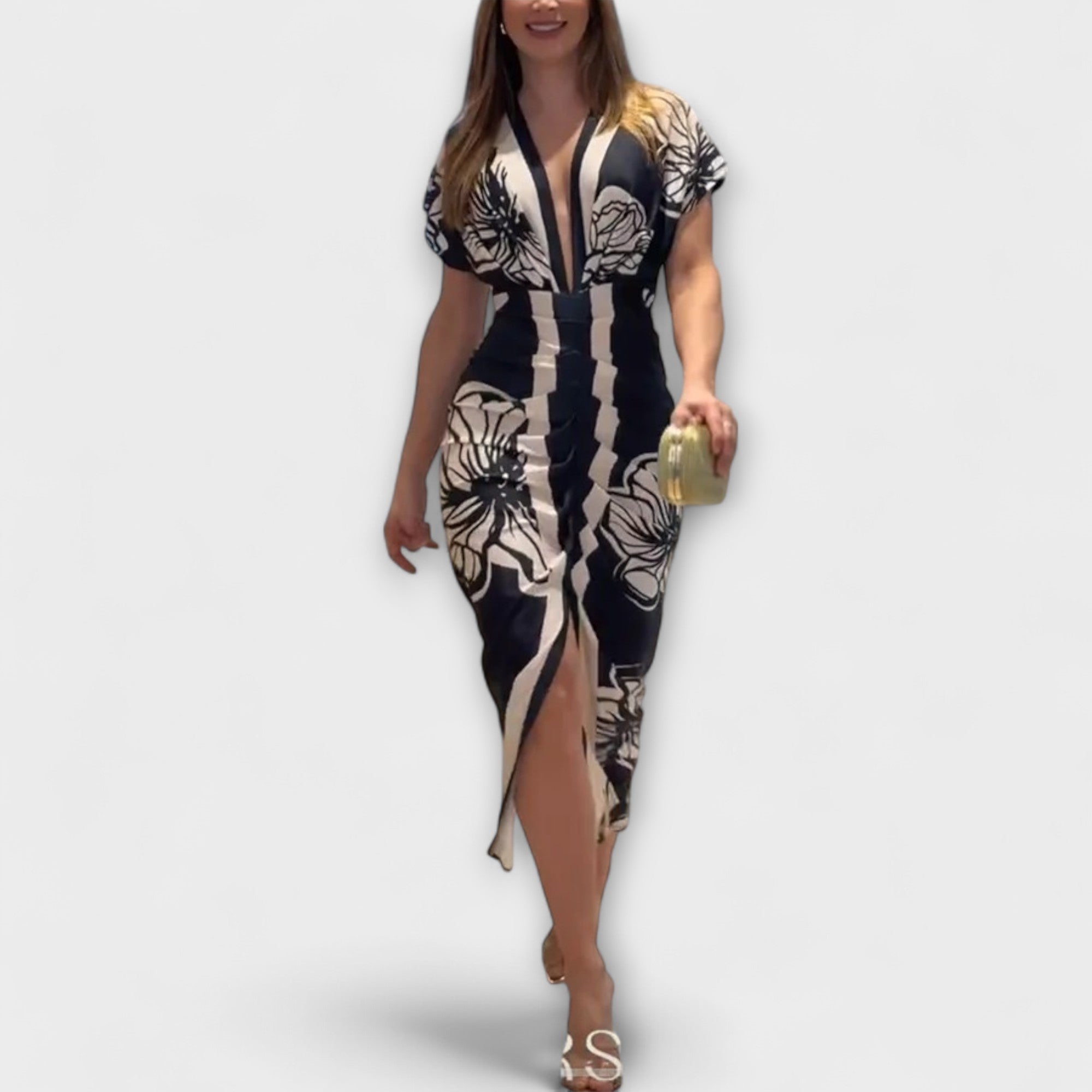 Midikleid mit Dolmanärmeln, V-Ausschnitt und schwarz-weißem Blumenprint mit Beinschlitz