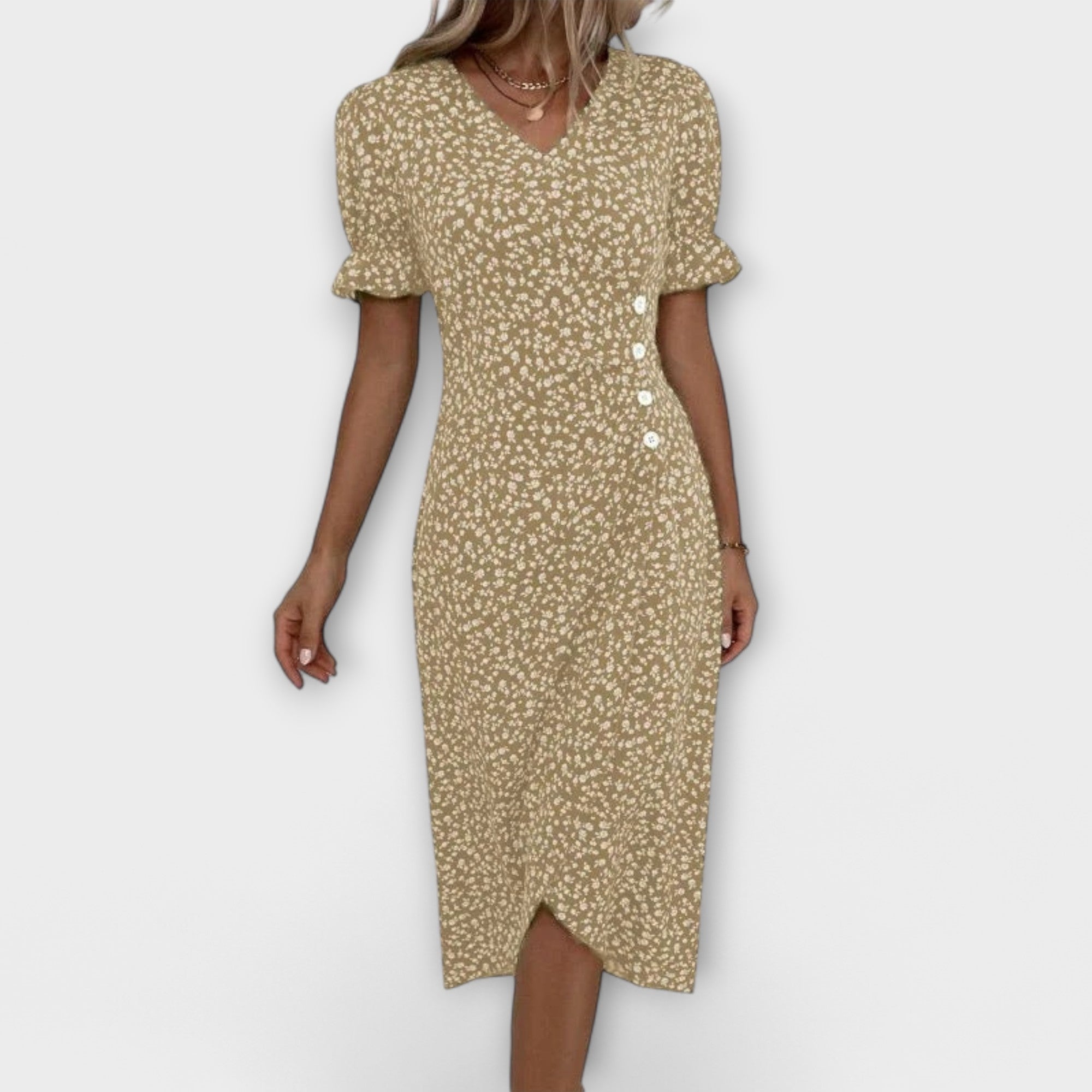 Sommerkleid für Damen, beigefarbenes Muster, V-Ausschnitt, Knopfleiste, kurze Ärmel