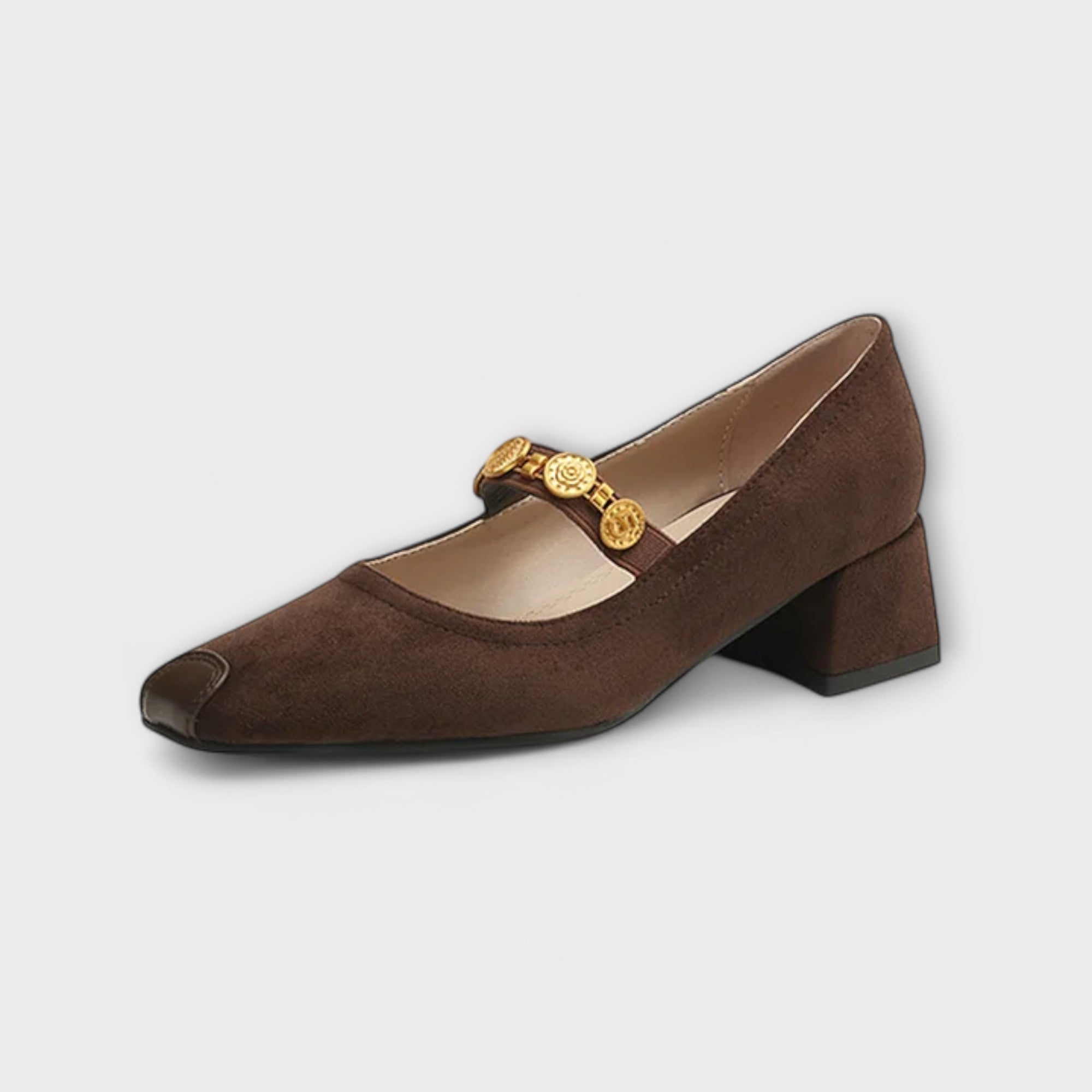 Damenpumps mit klobigem Absatz, braunem Velours und Metallmünzen-Buckle