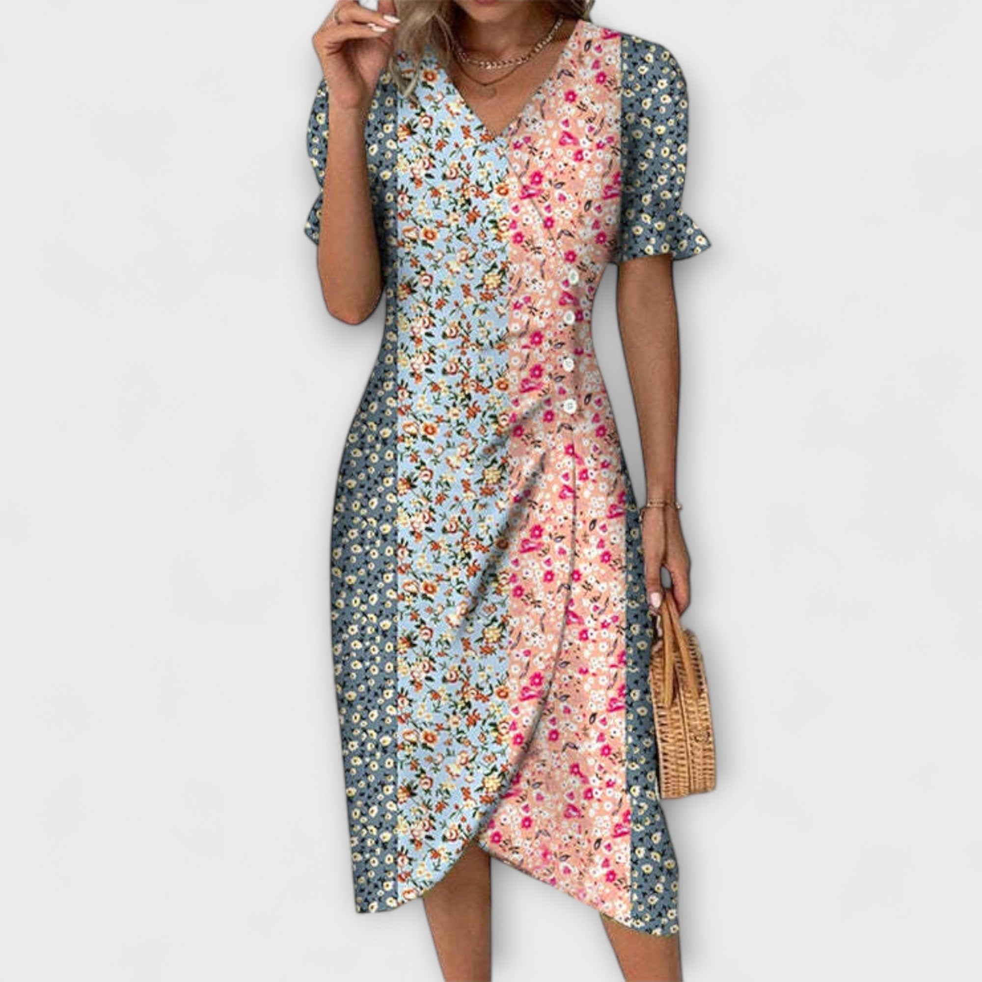 Sommerkleid für Damen, blaues Blütenmuster, V-Ausschnitt, Knopfleiste, kurze Volantärmel