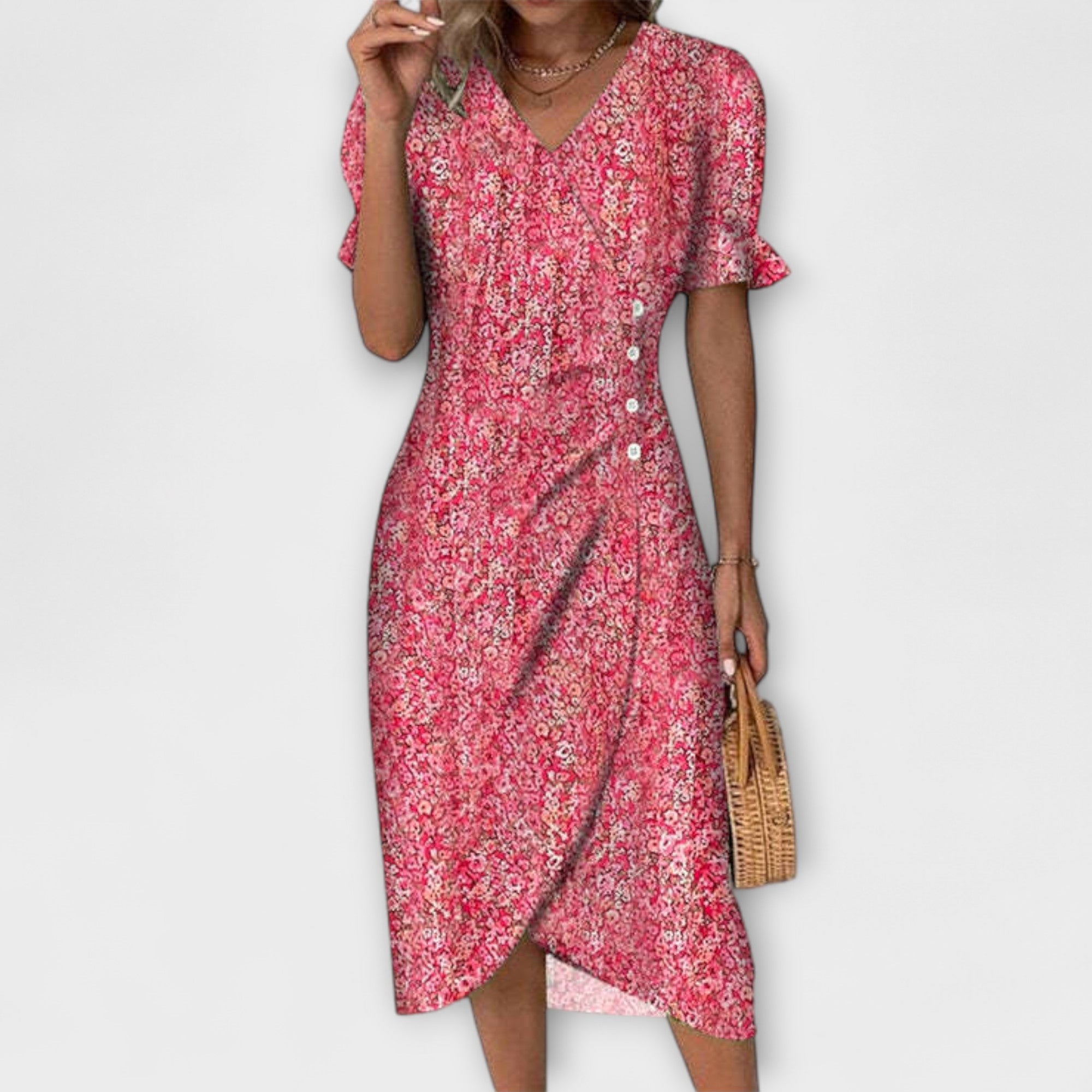 Sommerkleid mit V-Ausschnitt, rotem Stoff und feinem Blümchenmuster, Knielänge