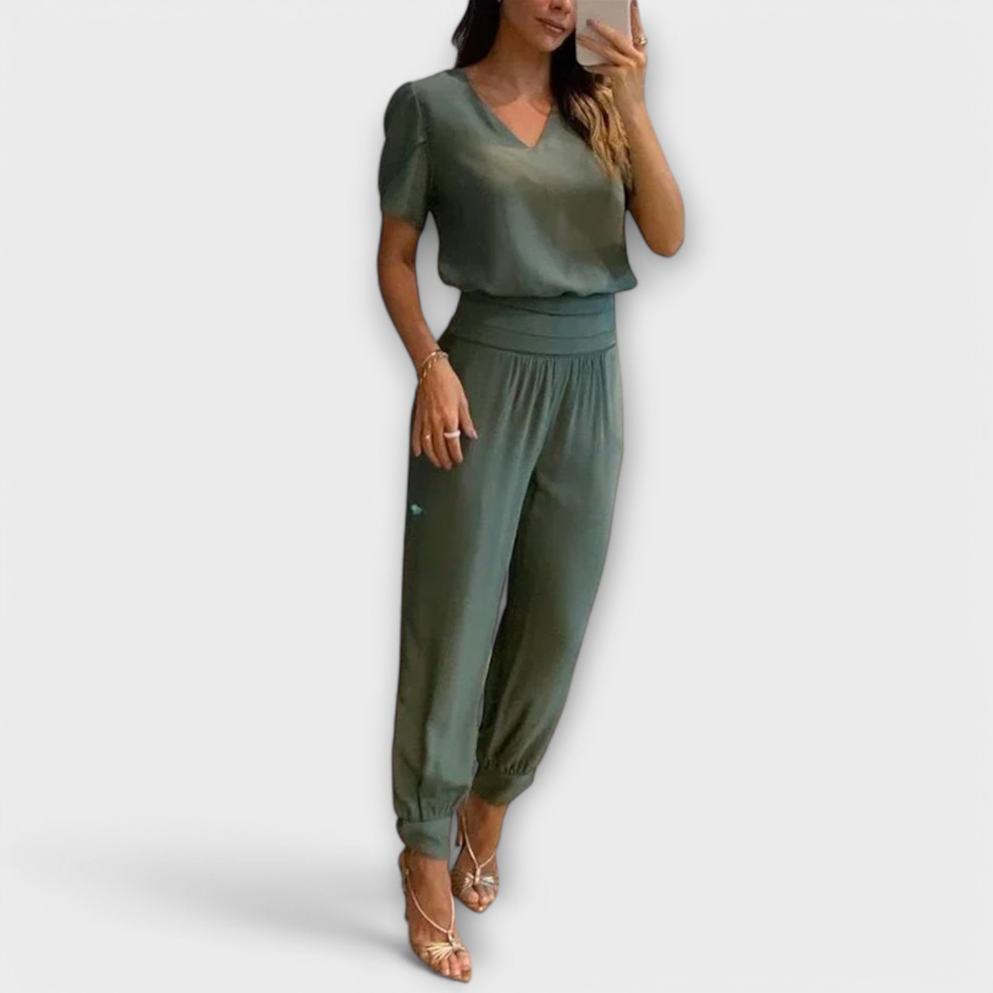 Elegantes Set mit Oberteil und Hose, olivgrünes V-Ausschnitt-Oberteil und lockere Hose
