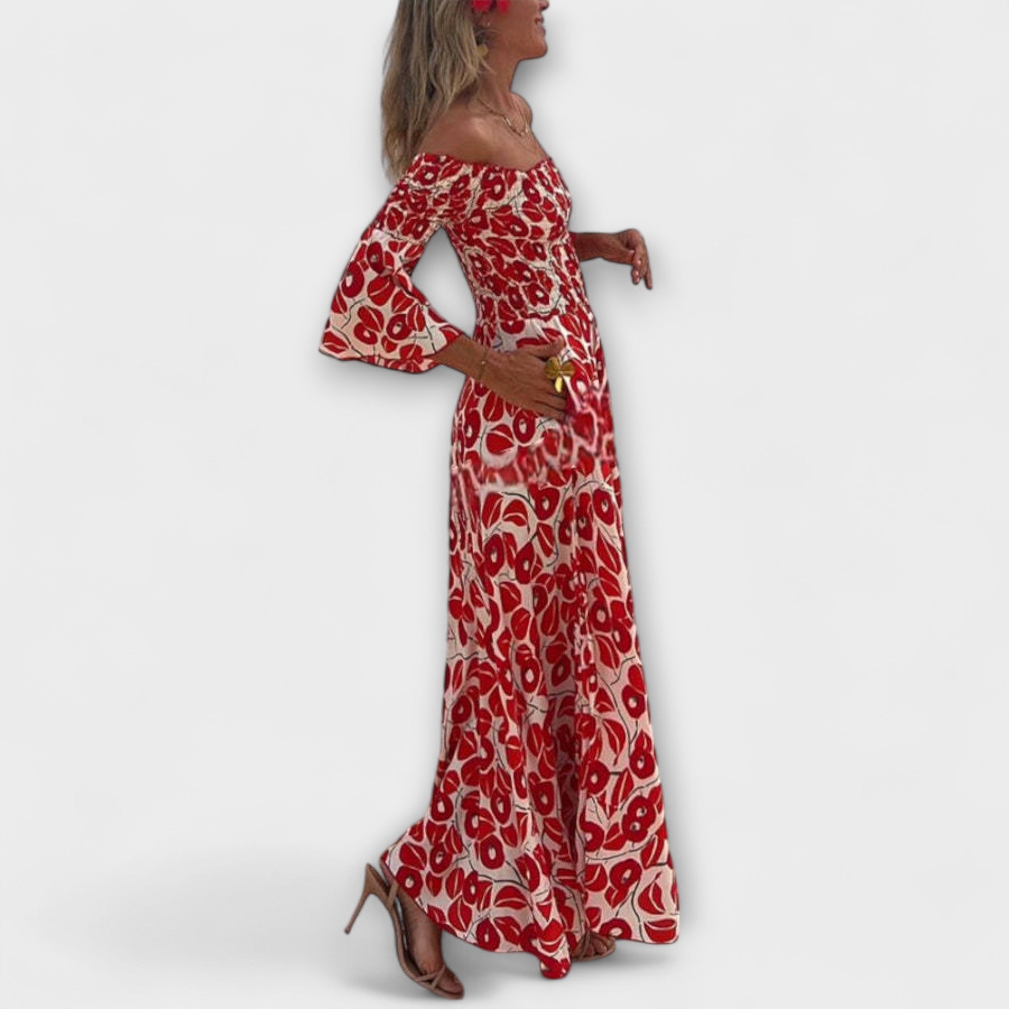 Schulterfreies Maxikleid mit rotem Allovermuster, weiter Rock, breiter Schulterausschnitt
