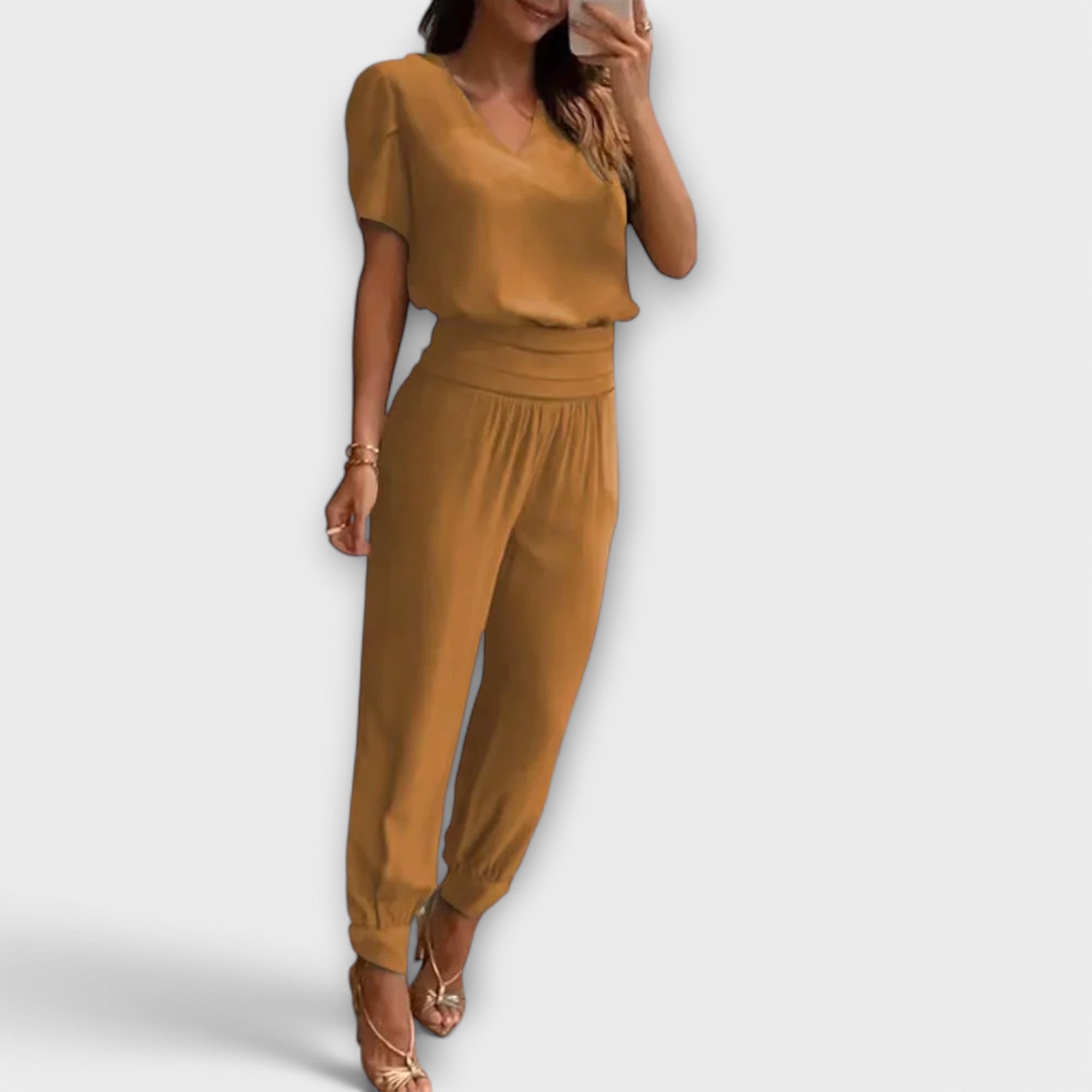 Elegantes Set mit Oberteil und Hose, goldbraunes Oberteil und Hose mit geraffter Taille
