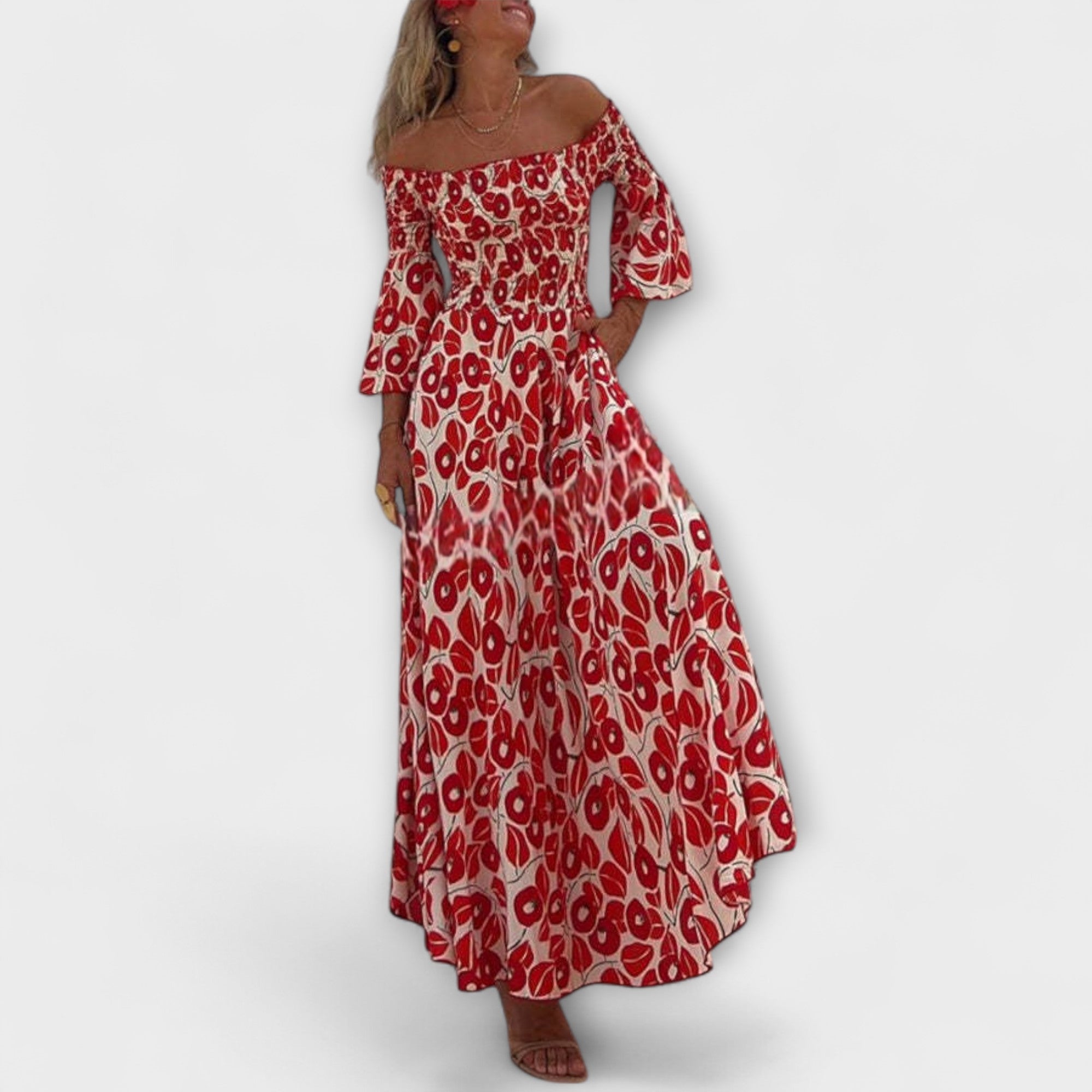 Schulterfreies Maxikleid mit rotem Allovermuster, ausgestellter Schnitt, lange Ärmel