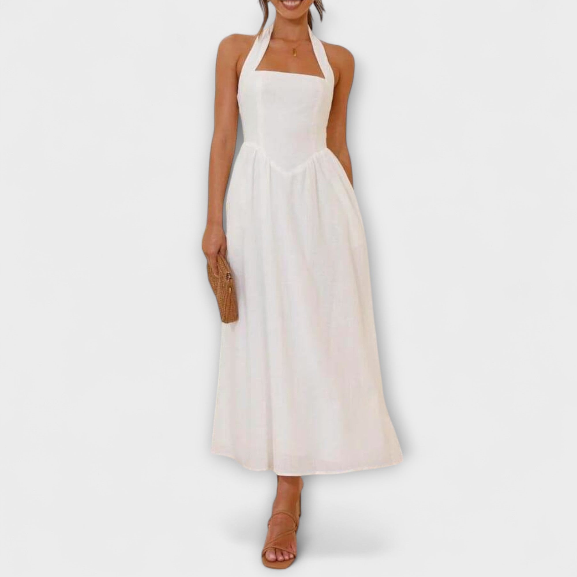 Weißes Halterkleid (Midi) mit Taillendetail und ausgestelltem Rock