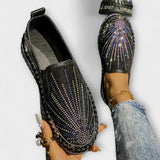Schwarze Loafer-Schuhe mit Strasssteinen, seitliche Zierstreifen und Schnürung