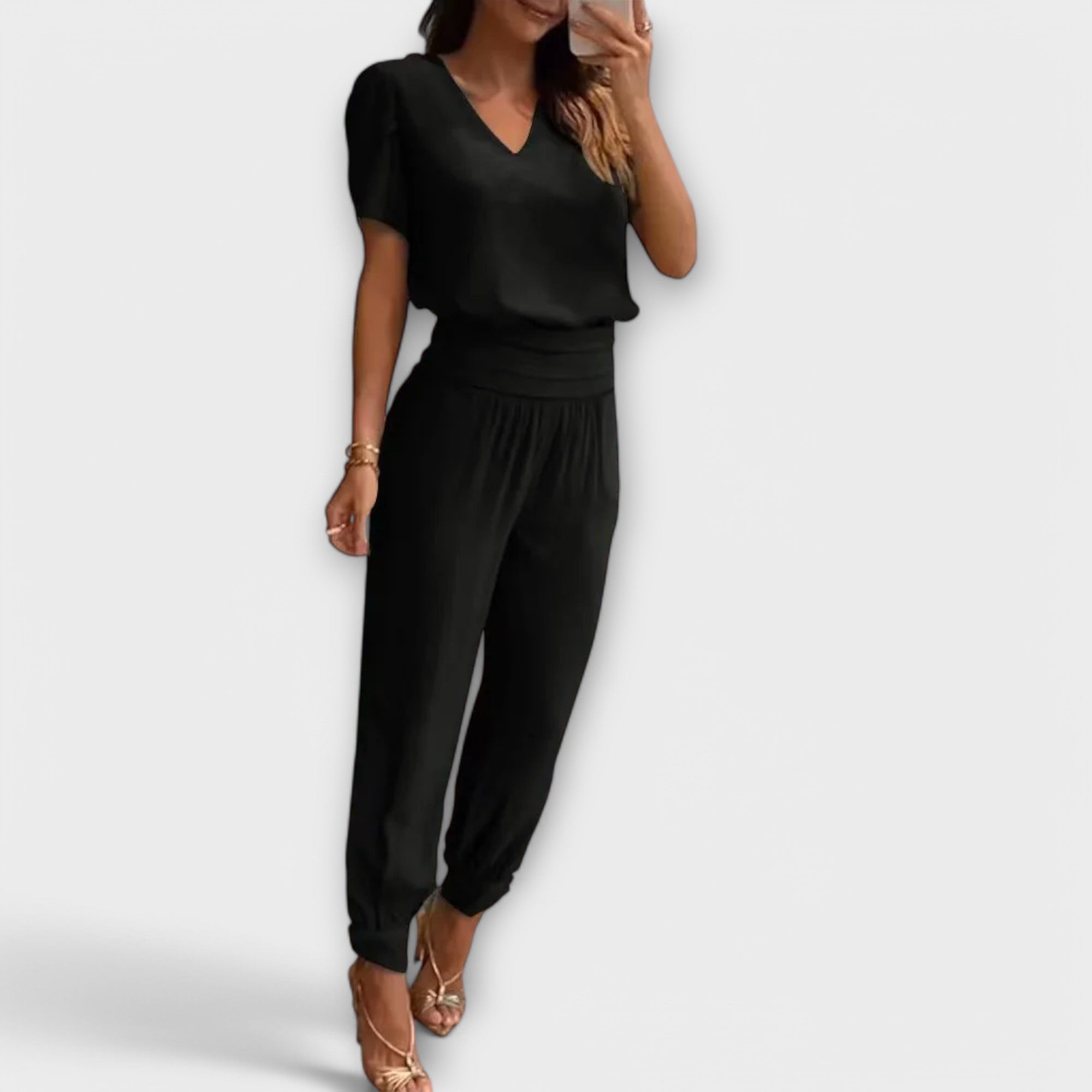 Elegantes Set mit Oberteil und Hose, schwarzes V-Ausschnitt-Top und schmale, lange Hose