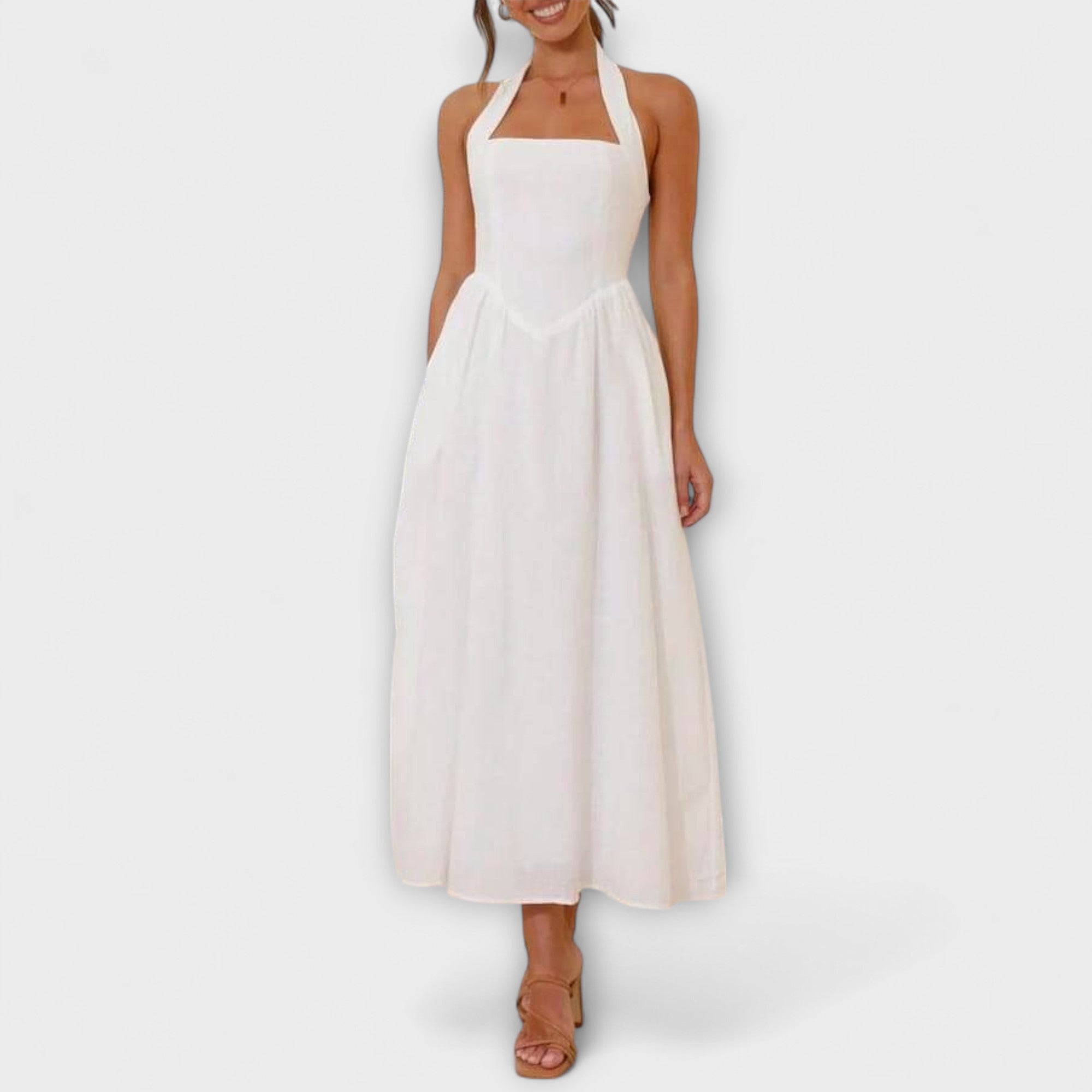 Weißes Halterkleid (Midi) mit Taillendetail und breitem Halter-Ausschnitt